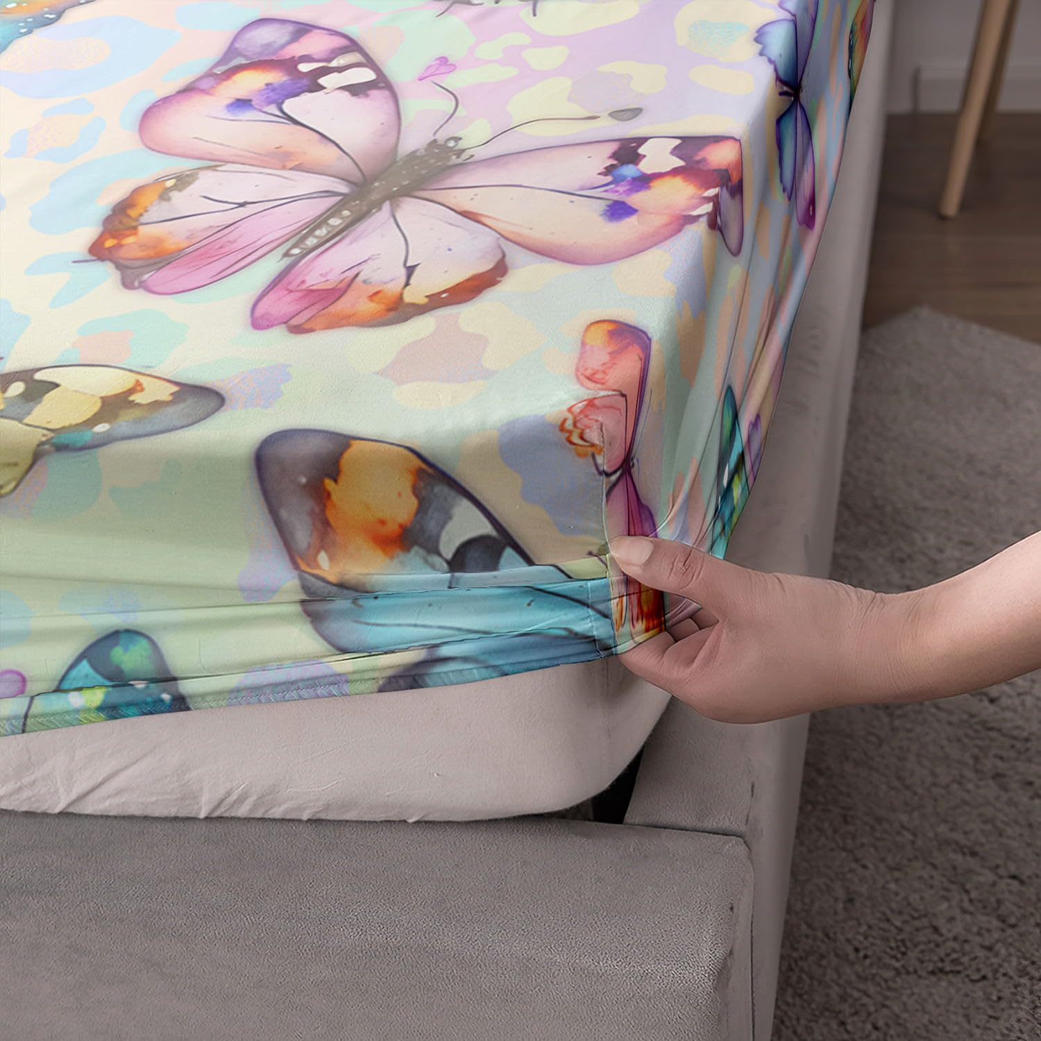 Juego de sábanas de mariposas de 4 piezas para niños, juego de sábanas con estampado de mariposas en acuarela con 1 sábana encimera y 1 sábana bajera + 2 fundas de almohada (mariposas