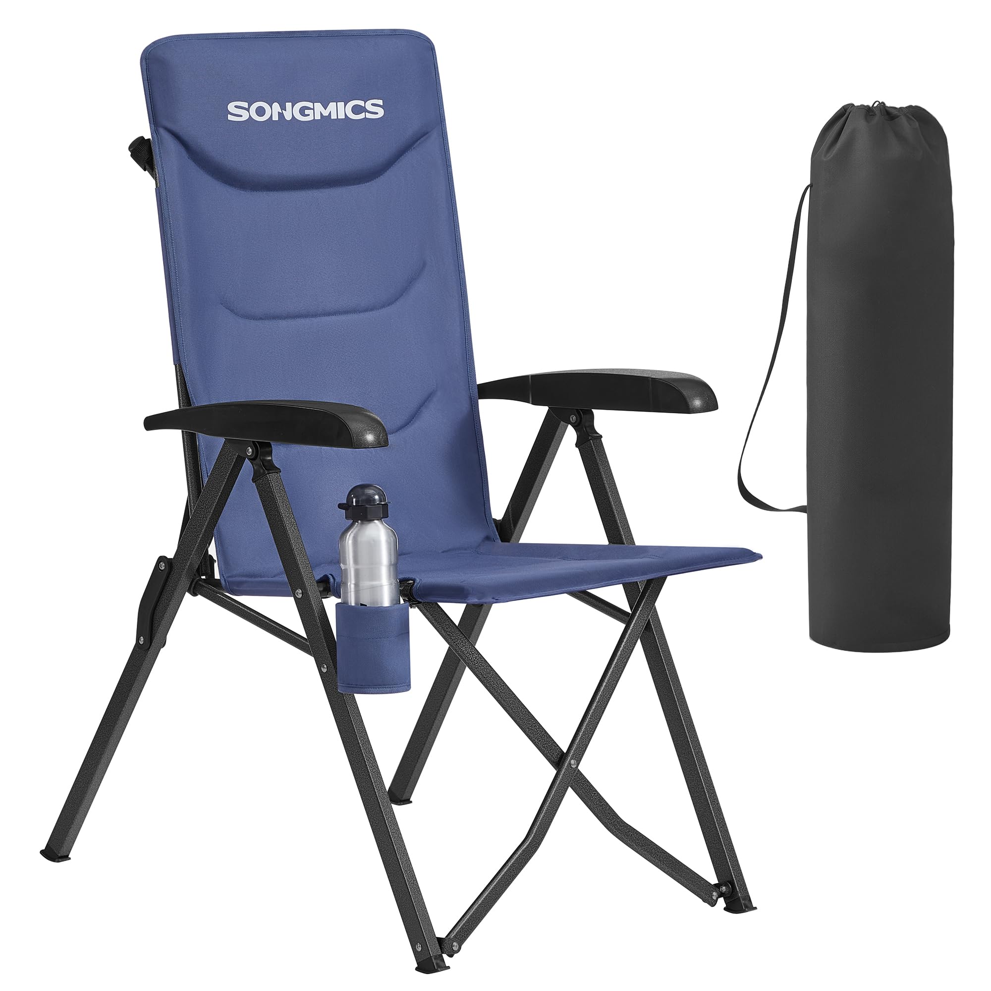 SONGMICS Camping Chair for Adults, 95°-150° Reclining, Padded Folding Garden Chair, Adjustable High Back, Swivel Cup Holder, Portable Carry Strap Bag, Garden Dining Fishing, Blue GCB015QZ01