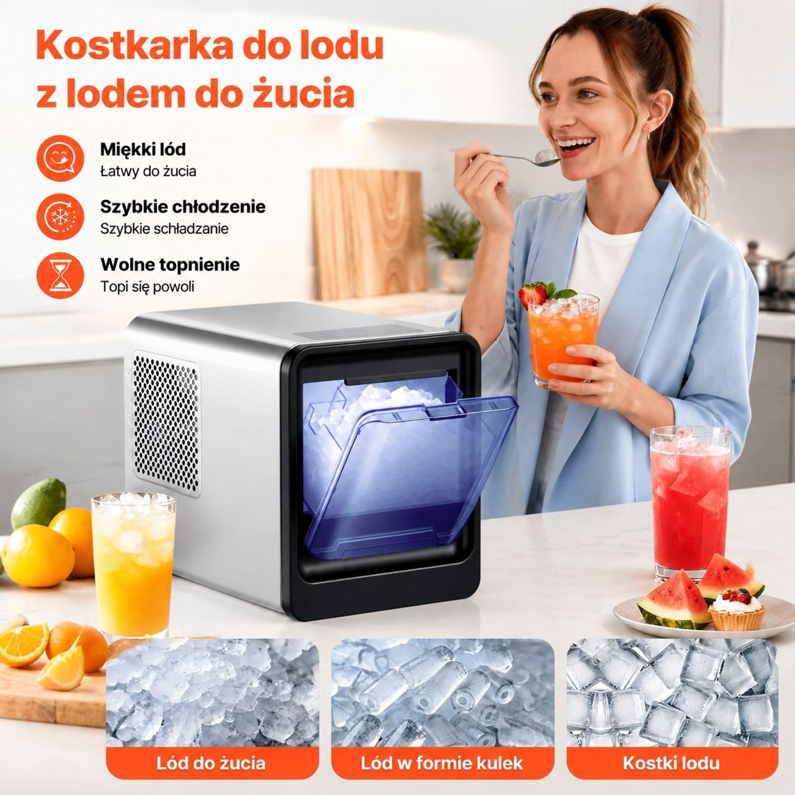 Stołowa kostkarka do lodu, wydajność 15 kg dziennie, kostki do żucia, zbiornik wody 0,8 l, obudowa ze stali nierdzewnej, samoczyszczenie, łopatka, do domu, kuchni, biura i baru