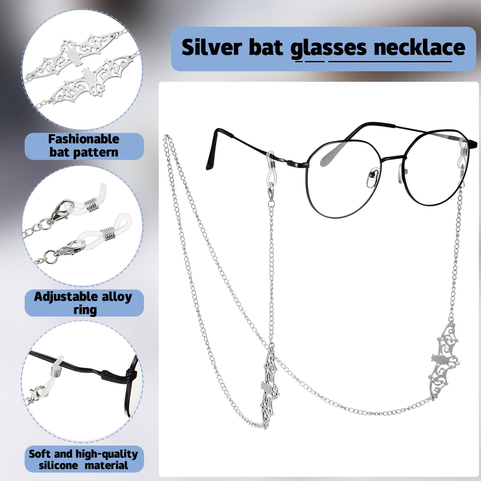 Frienda 2 Pieces Glass Chains Bat Goth Sunglasses Eyeglass Eyewear Lanyard Halloween Party Accessories for Women Men: Silver