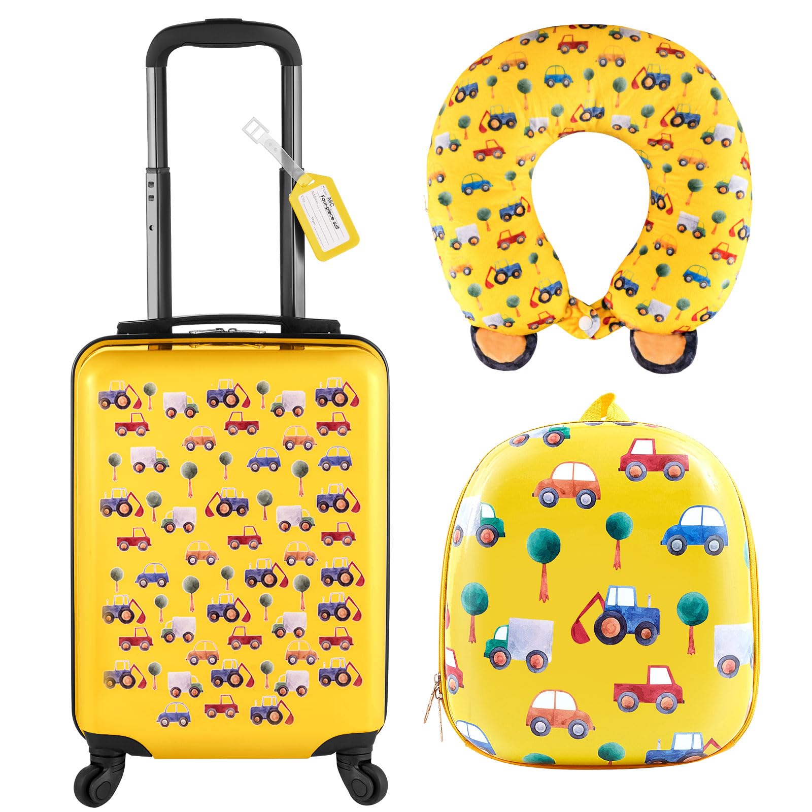 Sanwuta 4 Pieces Car Kids Luggage Set 18 Inch Kids Rolling Luggage with Backpack Neck Pillow Name Tag Christmas Gifts Kids Suitcase for Girl Boy Name Tags for Backpacks for Kids