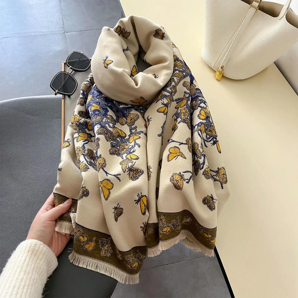 Bufanda de Cachemira con Estampado Floral y Mariposas para Mujer, chales Gruesos y cálidos para otoño e Invierno, Bufandas para Mujer, Mantas para Oficina