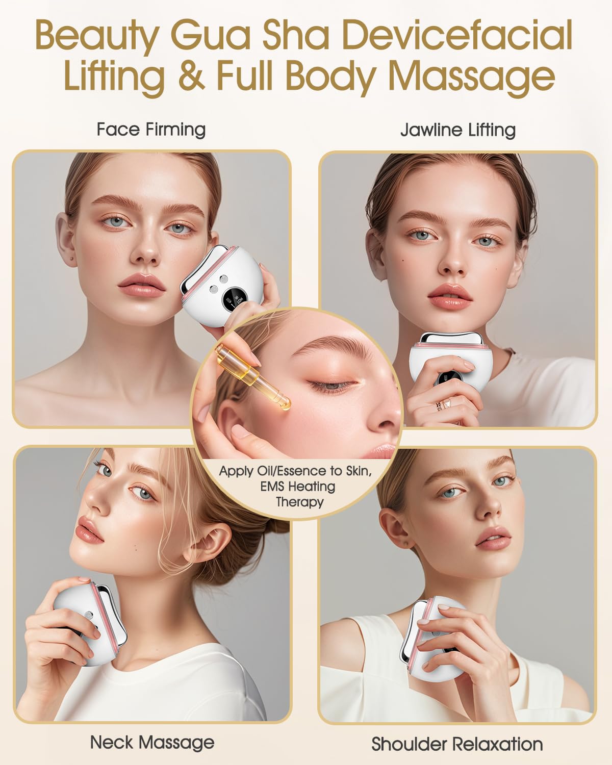 EMS Gua Sha Gesichtsmassagegerät, 4-in-1 Mikrostrom, Wärme & LED Lichttherapie (Rot, Lila, Blau), 9 Intensitätsstufen für Straffere Haut, Anti-Aging Schwellungen Elektrischer Face Lifter