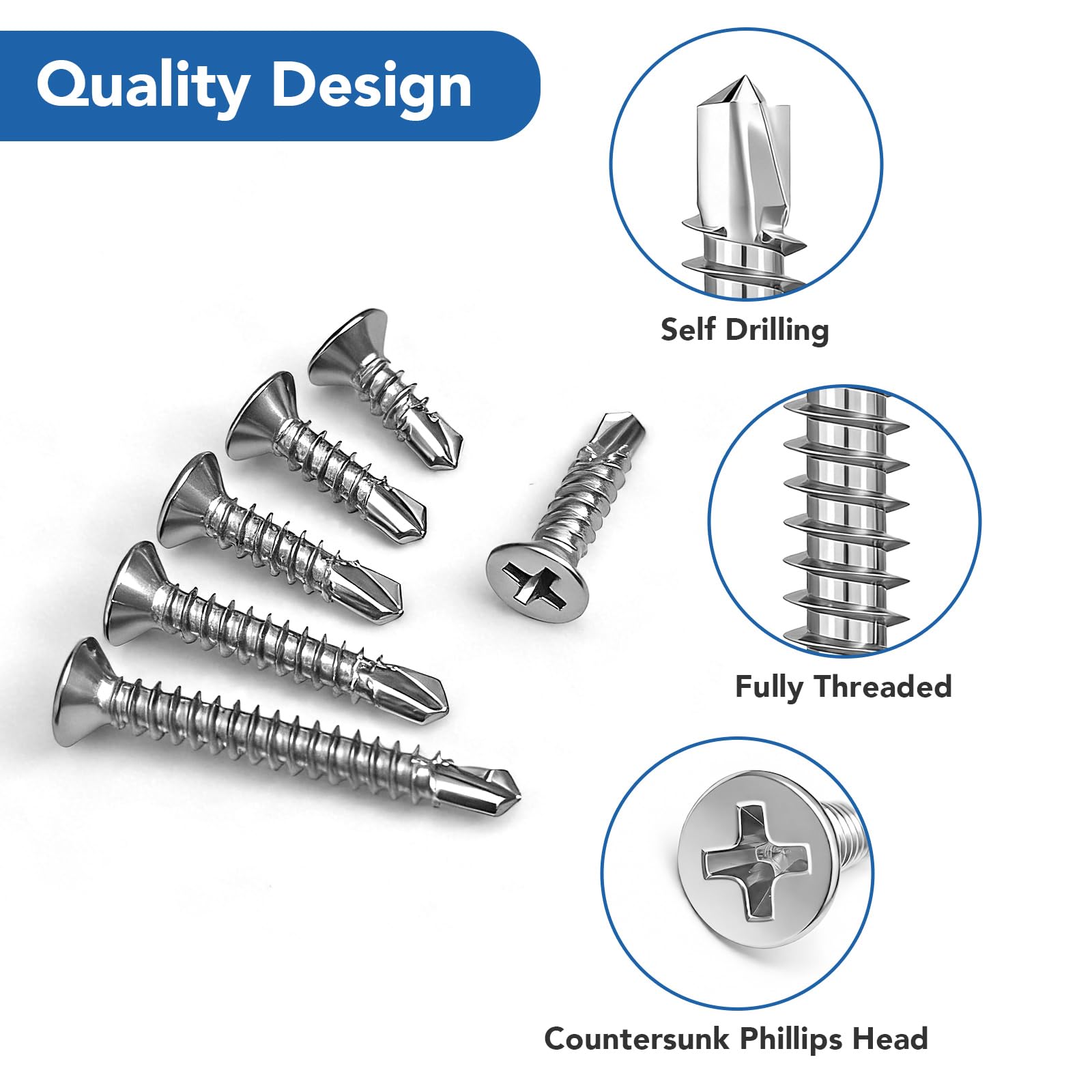 Zestaw 282 wkrętów samogwintujących, samowiercące ze stali nierdzewnej, wkręty do suchego drewna z wiertłami M4.2, 13 mm/16 mm/19 mm/25 mm/32 mm, srebrne