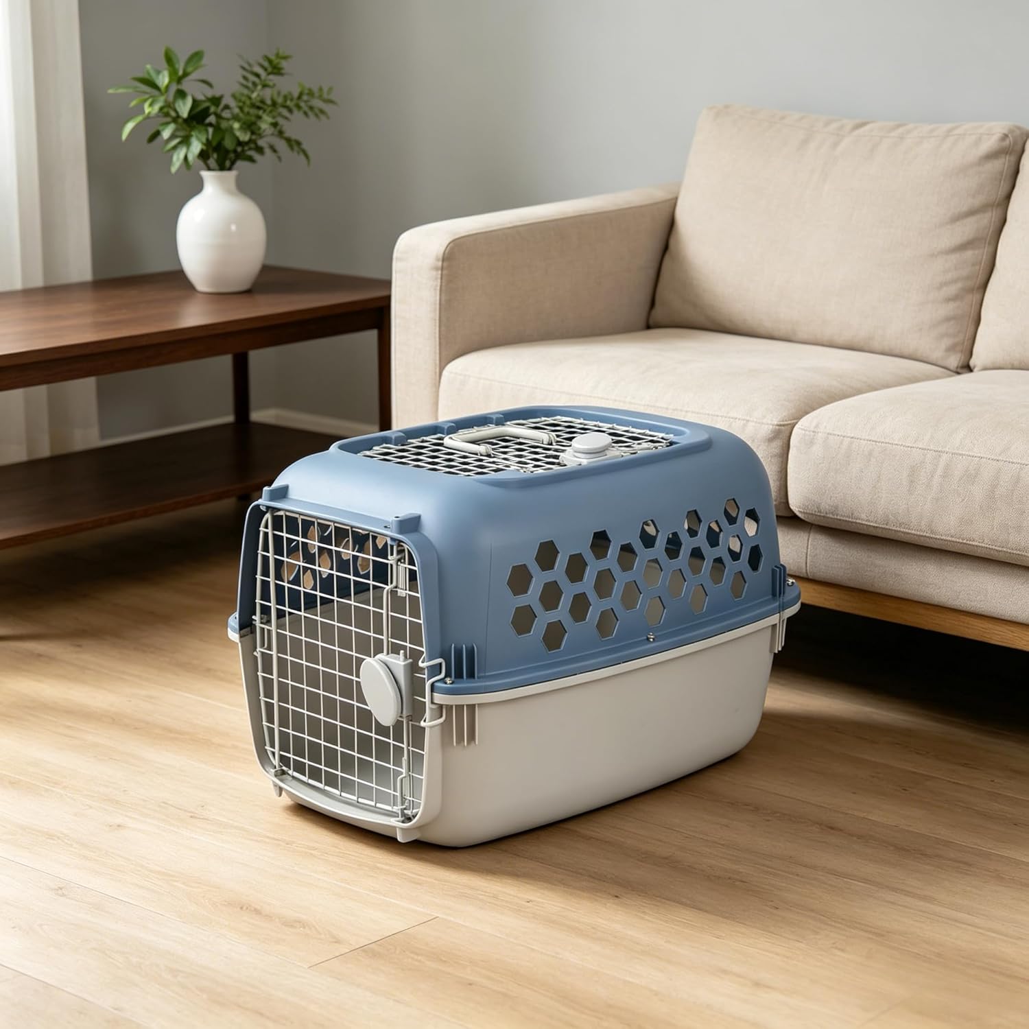 24 Inch Pet Carrier, Durable Plastic, Two Door Openings, Ventilation and Security Lock, Top Loading Dog Kennel, Hard Sided Pet Carrier Durable,Blue