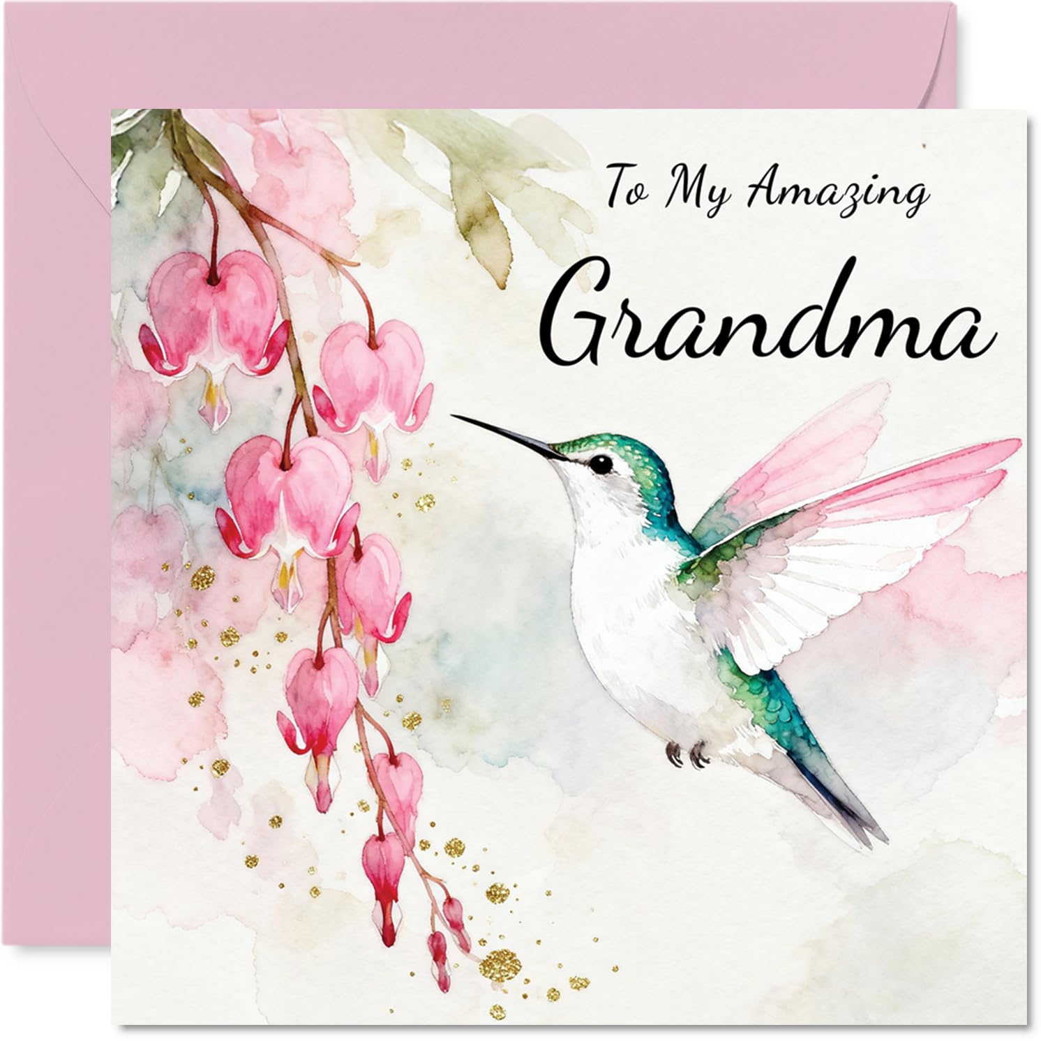 Grandma Birthday Card - Hummingbird Wishes - Happy Birthday Card for Grandma from Grandson Granddaughter, 145mm Pink Floral Illustration Bday Greeting Cards