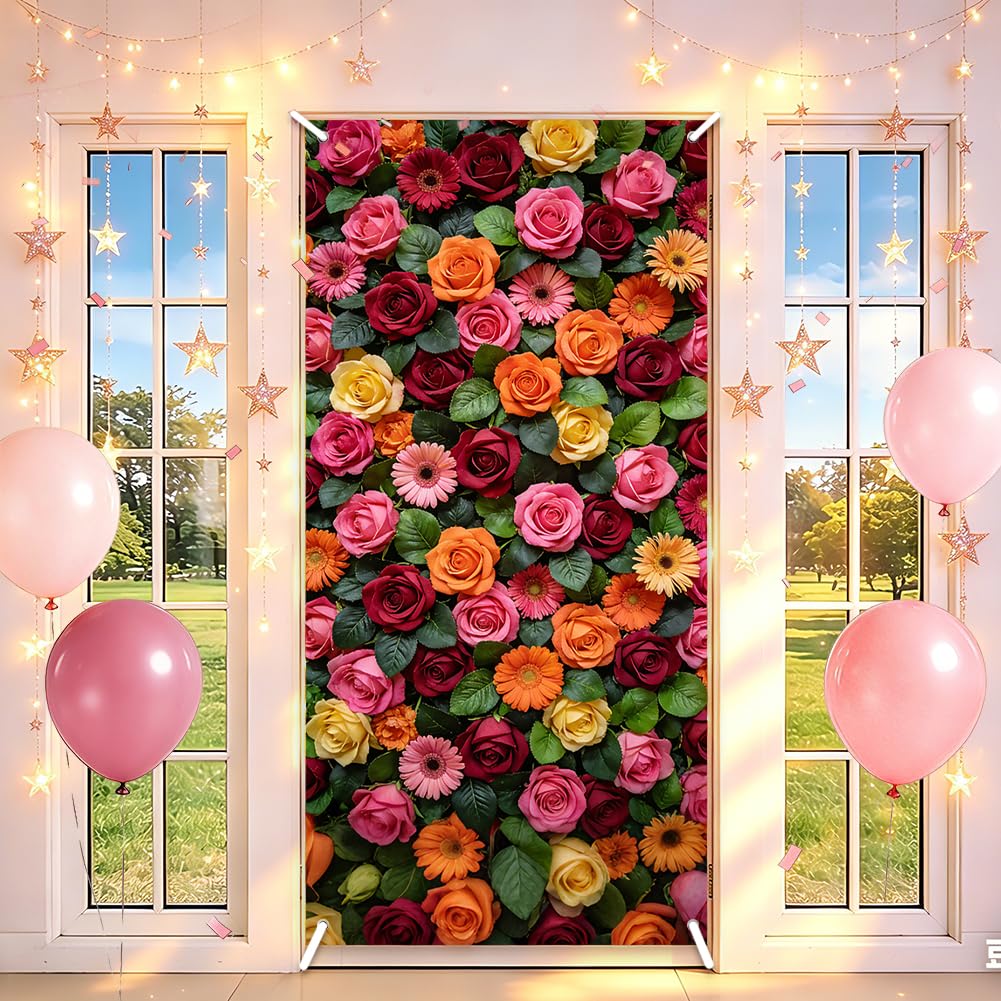 SUPERDANT Rose Door Cover Floral Backdrop Party Banners Large Flower Fabric Photo Background For Themed Party Supplies Valentine's Day Wedding Decorative Banner 185x90cm