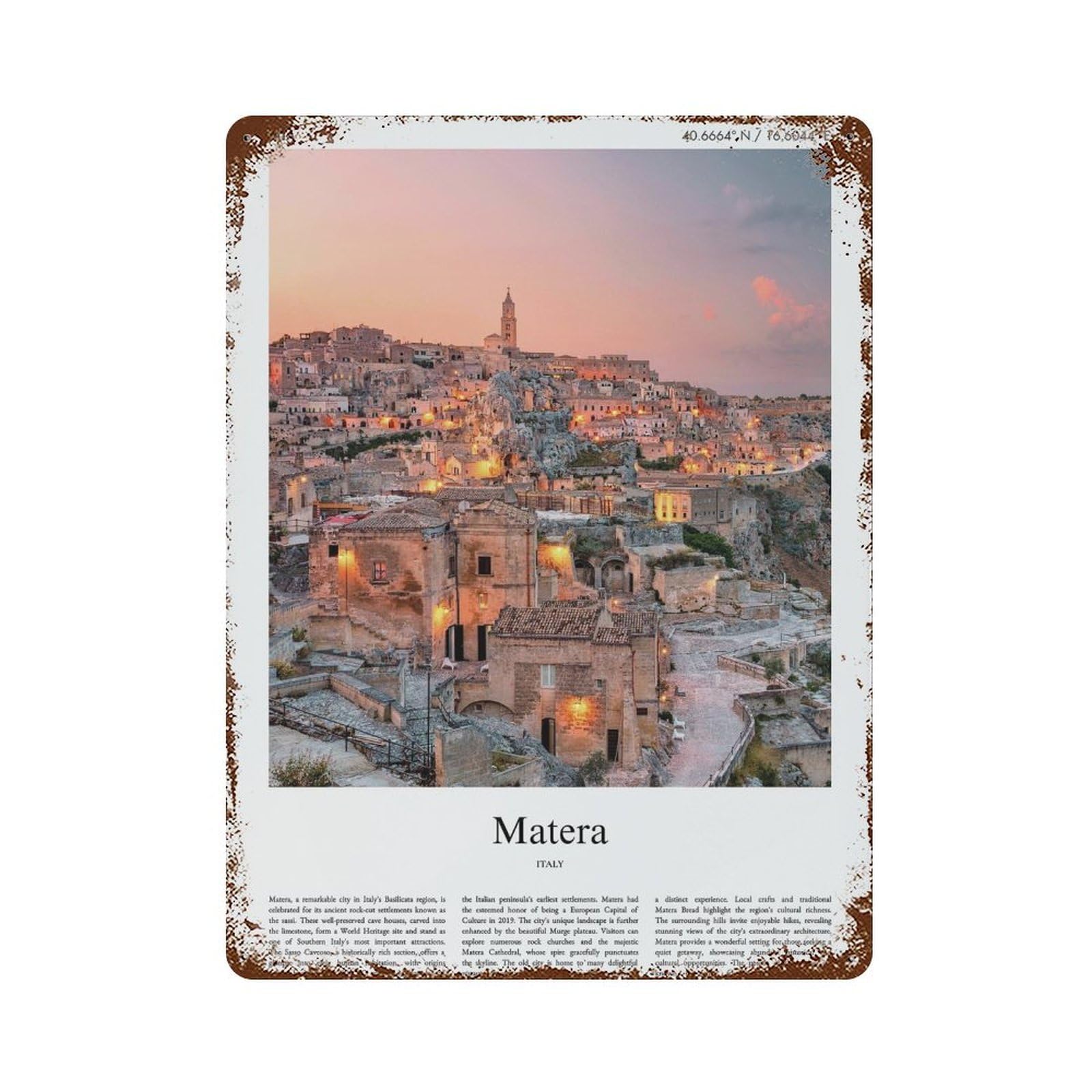 xiaoxiaoshen Matera City Scenery Wall Decor Art Metal Tin Poster Modern Home Decor Art Home Bar Shop Decorations Vintage Sign 40x30cm