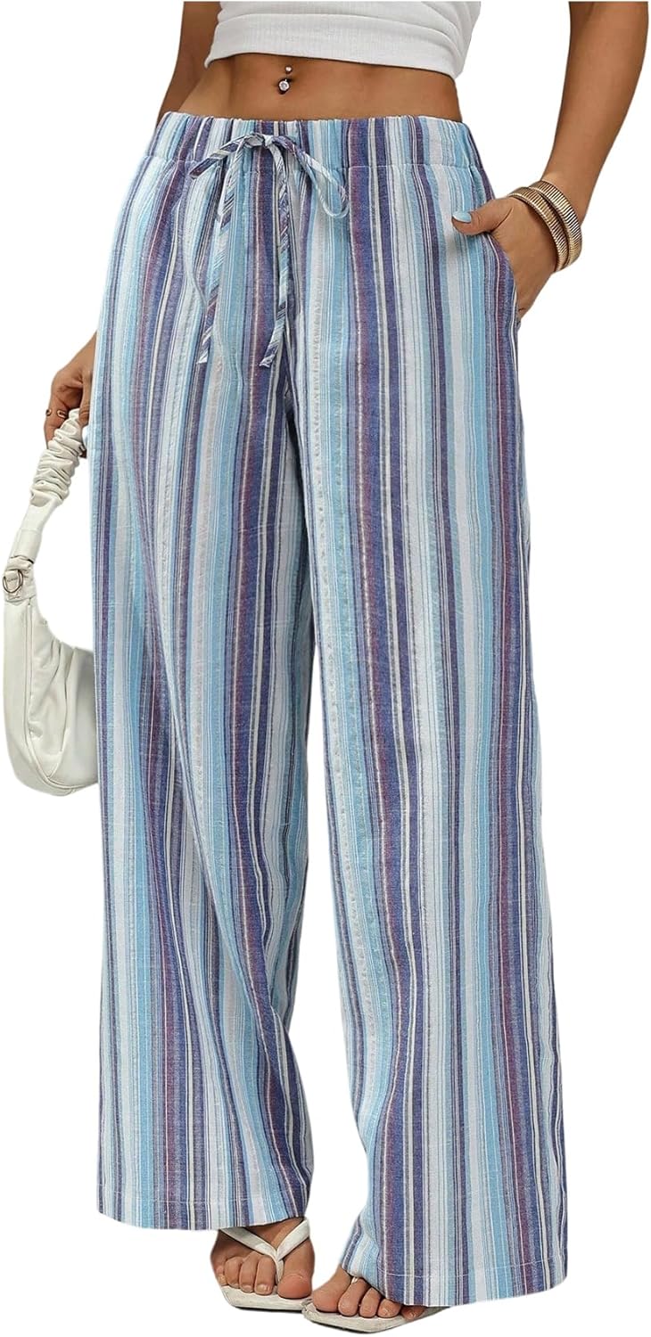 SweatyRocks Women's Striped Drawstring Pants Loose Wide Leg Trousers Casual Comfy Pants with Pocket - Image 6