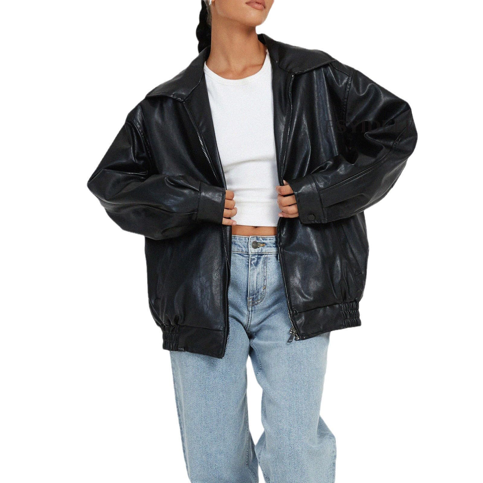 Lederjacke Damen Oversize Lang Kunstleder Motorrad Bikerjacke Motorradjacke Pu Leather Herbst Winter Mantel Bomber Jacke Damen Kurz Outwear Streetwear