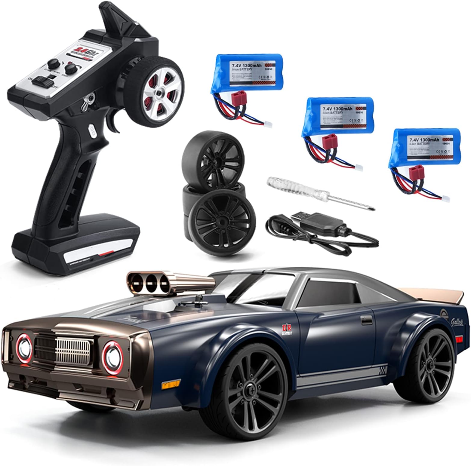 GoolRC 1:16 RC High Speed Remote Control Car, 4WD 35KM/H Drifting Car with LED Lights and Extra Tires - 3 Batteries (Blue)