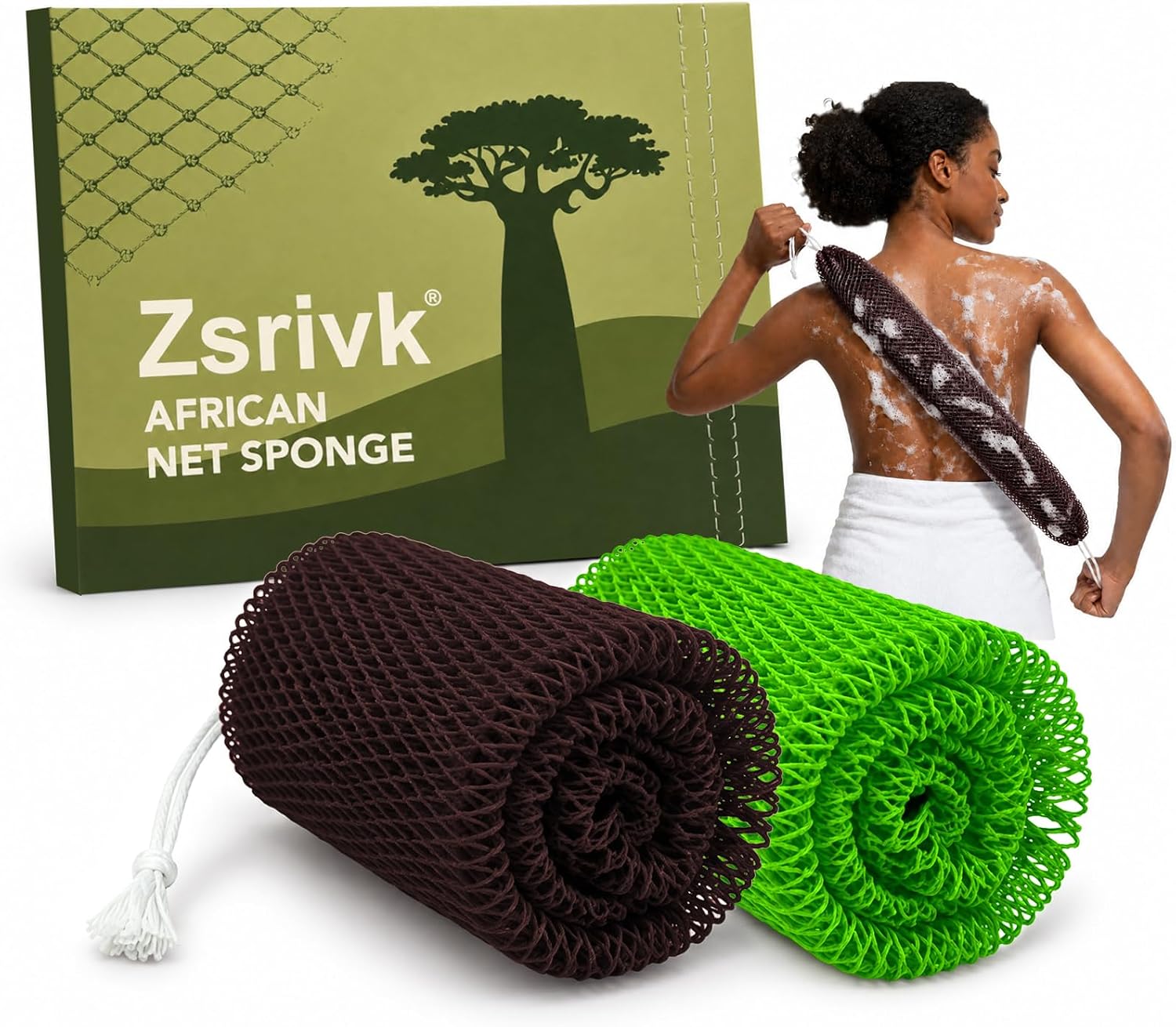 African Net Sponge 2 Pack, 45 Inch Long Shower Sponge (Green, Brown)
