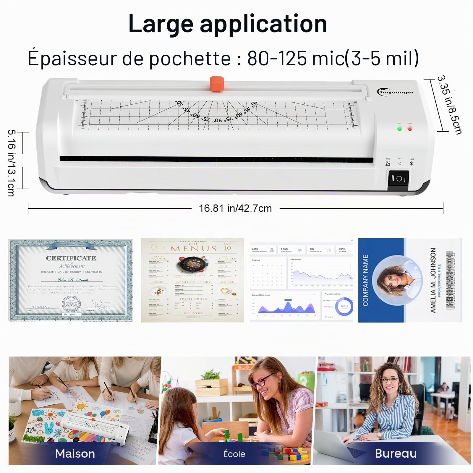 Buyounger Plastifieuse A3 avec Intégré et 30 Pochettes pour A3/A4/A5/A6, 5 en 1 Machine à Plastifier Thermique et à Froid avec Arrondisseur d'angles pour Usage Domestique, Bureau, école