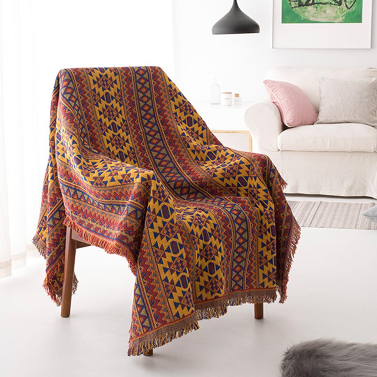 LumiSyne Cotton Woven Throw Blanket With Tassel Double-Sided Jacquard Bohemian Geometric Pattern Vintage Ethnic Style Decorative Throws For Sofa Bed Armchair Camping Blanket Tapestry Tablecloth Carpet
