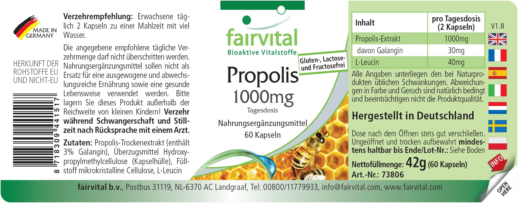 fairvital Bienen Propolis 1000mg Tagesdosis, 3 x 60 Kapseln, natürliches Bienenpropolis Extrakt, HOCHDOSIERT