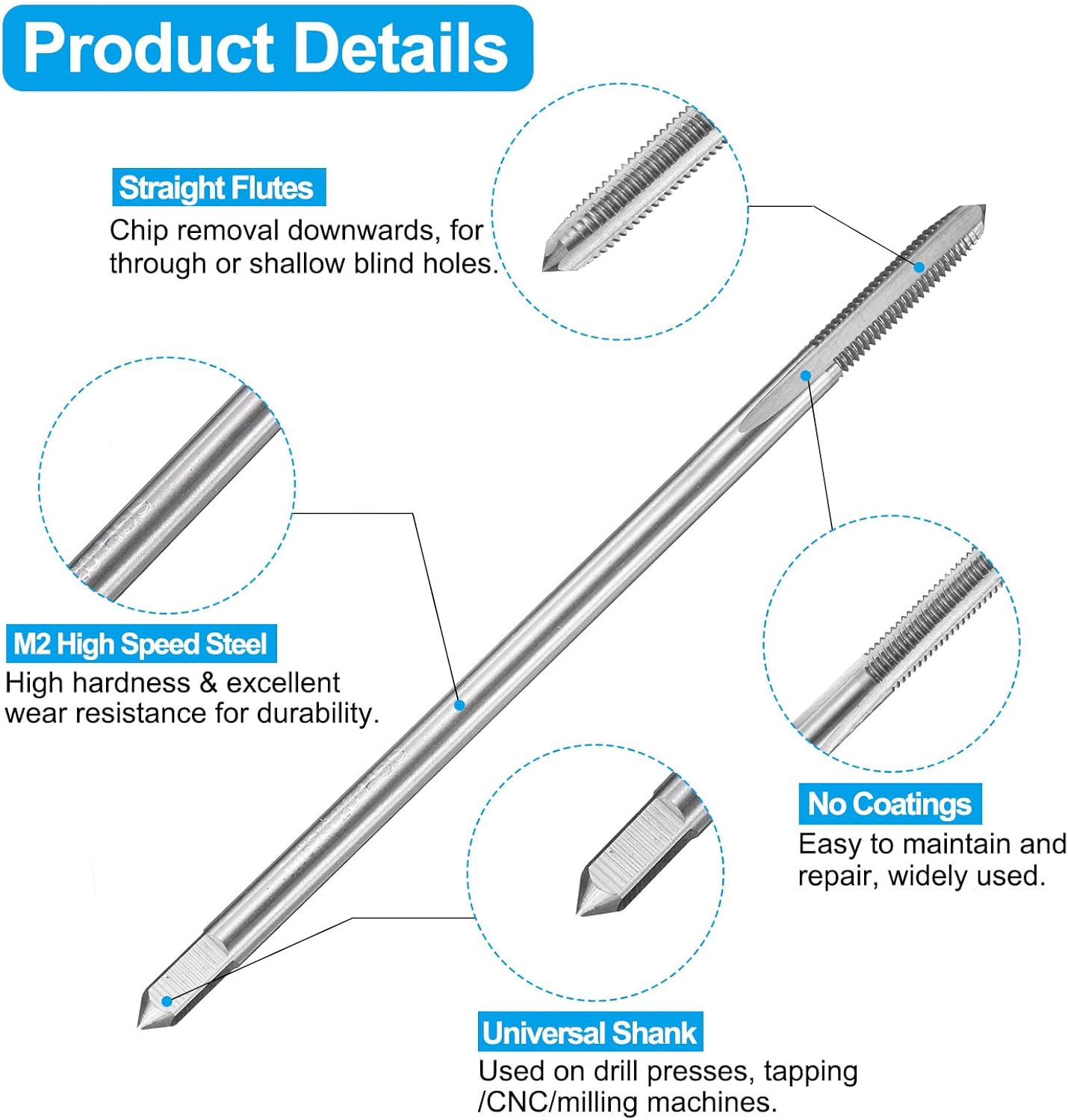 uxcell Tap and Drill Bit Set, 2pcs M5 x 0.8 Metric Straight Flute Thread Screw Taps 120mm Extra Long & 2pcs 5mm Twist Drill Bits 132mm Extra Long, HSS-6542 Tapping Threading Tool