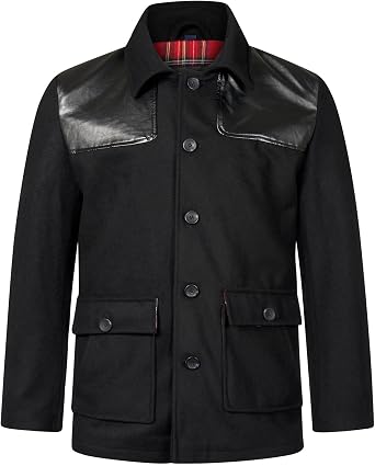 Donkey Jacket Mens Wool Smart Retro Coat with Tartan Lining and PVC Leather
