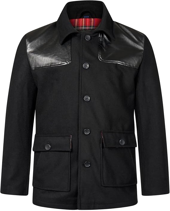Donkey Jacket Mens Wool Smart Retro Coat with Tartan Lining and PVC Leather