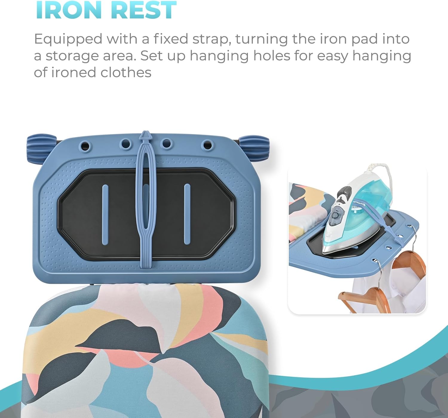 KINGBOARD Ironing Board, Metal Panel Foldable Iron Board with Rest, 7 Height Adjustable, Portable Ironing Board, Heavy Duty Folding Iron Stand with Hanger, 45 x 15, Deep Blue