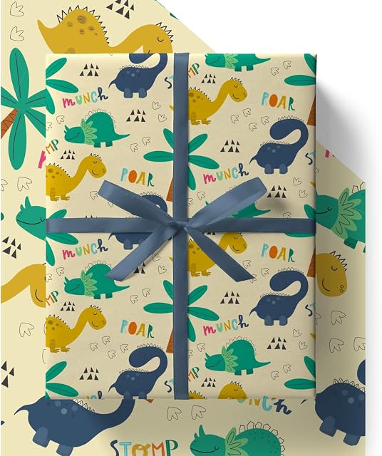 EcoWrap Dinosaur Kids Wrapping Paper with Birthday Card and Tags - Eco Friendly Premium Recyclable 84cm x 60cm Boys Gift Wrap in Plastic Free Packaging (4 Sheets & 4 Tags)