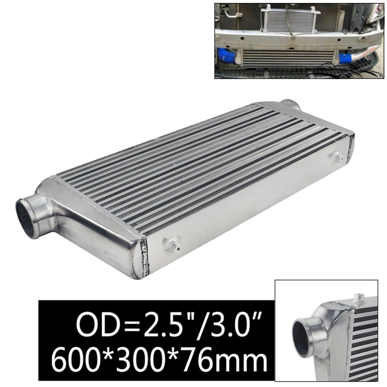 Wentylatory chłodnicy silnika samochodowego 600 * 300 * 76mm Uniwersalny intercooler turbo z płytą i średnicą zewnętrzną 2,5" z mocowaniem przednim LZ-IN816-25 chłodzenia silnika(3.0inch)