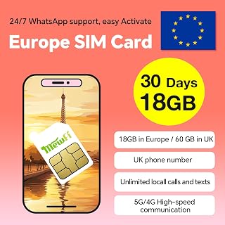 UK SIM Card 30Days 60GB / Europe SIM Card 30Days 18GB, Unlimited Local Calls and SMS, Applicable to 72 Countries, Support 4G/5G Operating Networks, Easy Activation & 24/7 Whatsapp Support