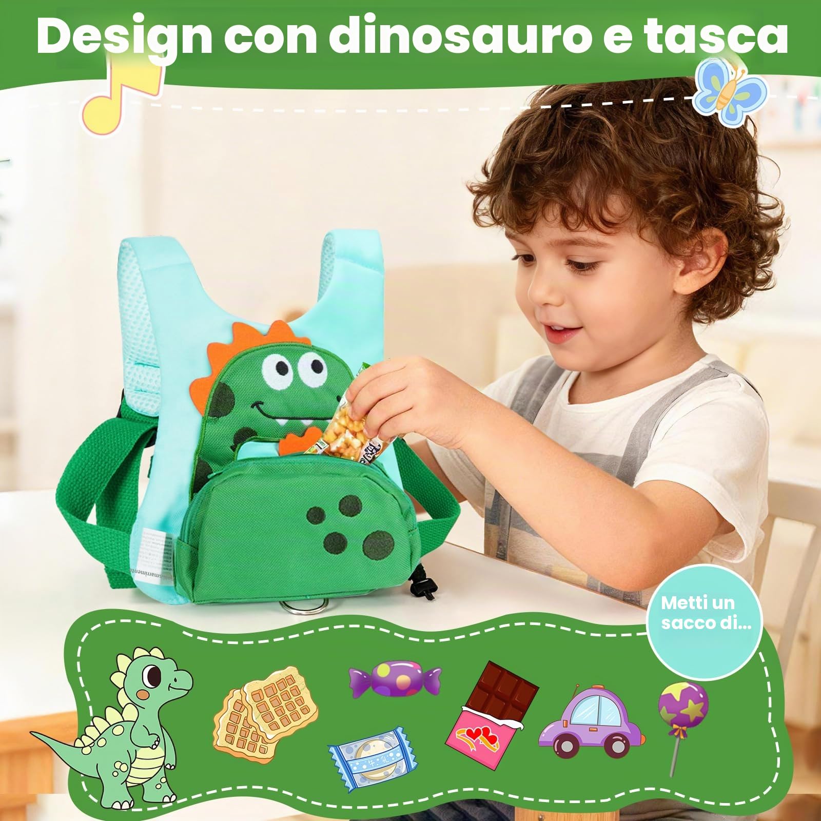 Dr.meter Zaino Bambini Antismarrimento 3 in 1 Pettorina 1.2M 360° Braccialetti Chiave Sicurezza Dinosauro 1-5 Anni