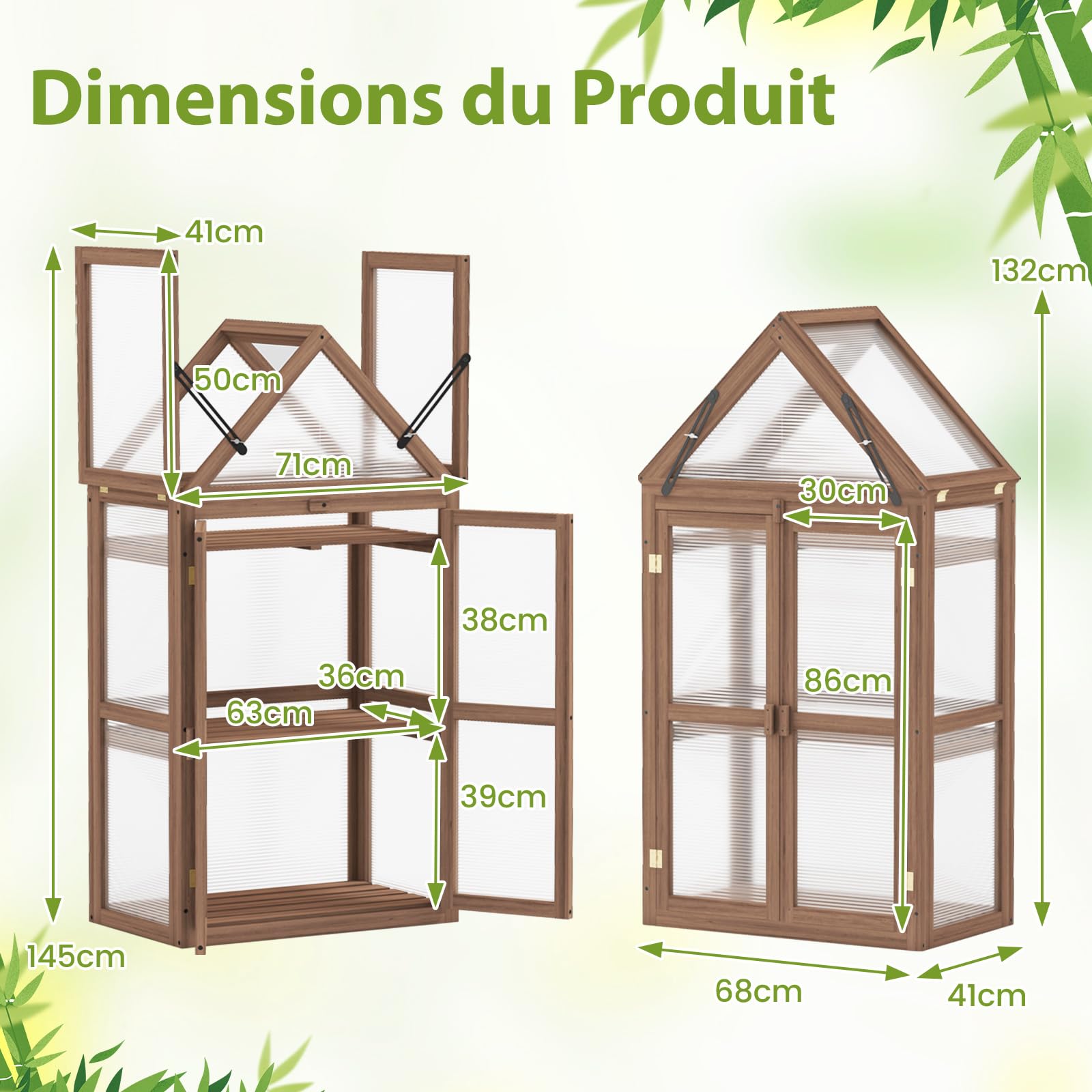 COSTWAY Serre de Jardin à 3 Niveaux en Bois de Sapin, 2 Porte Toit Ouvrant avec Étagères Réglables, Serre à Tomates Protection Transparente en Polycarbonate, 71x41x133cm, Brun