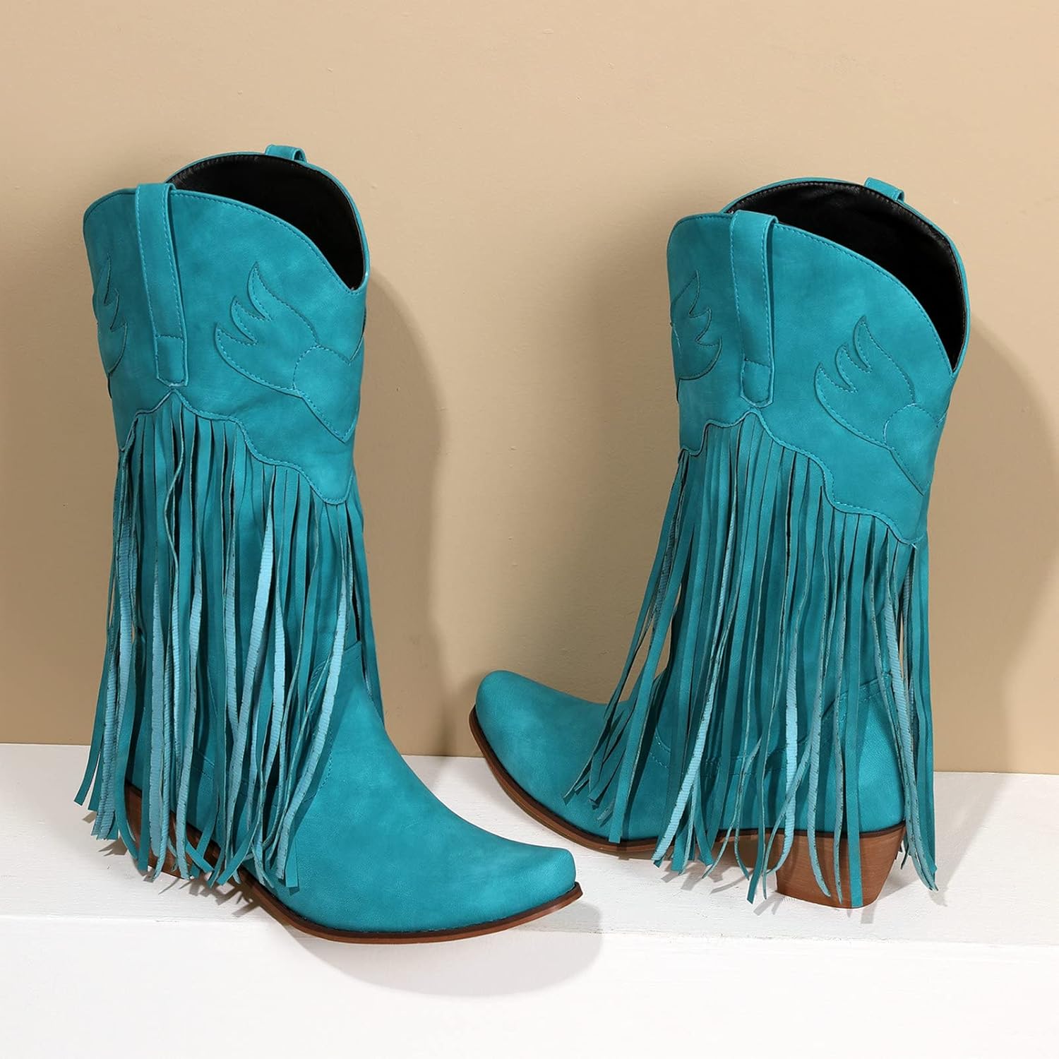 Meefit Women Fringe Cowboy Boots Square Toe Mid Calf Embroidered Western Boots,Tassel Cowgirl Boots Stacked Heel Retro Boots(Royal blue,US8.5) - Image 2