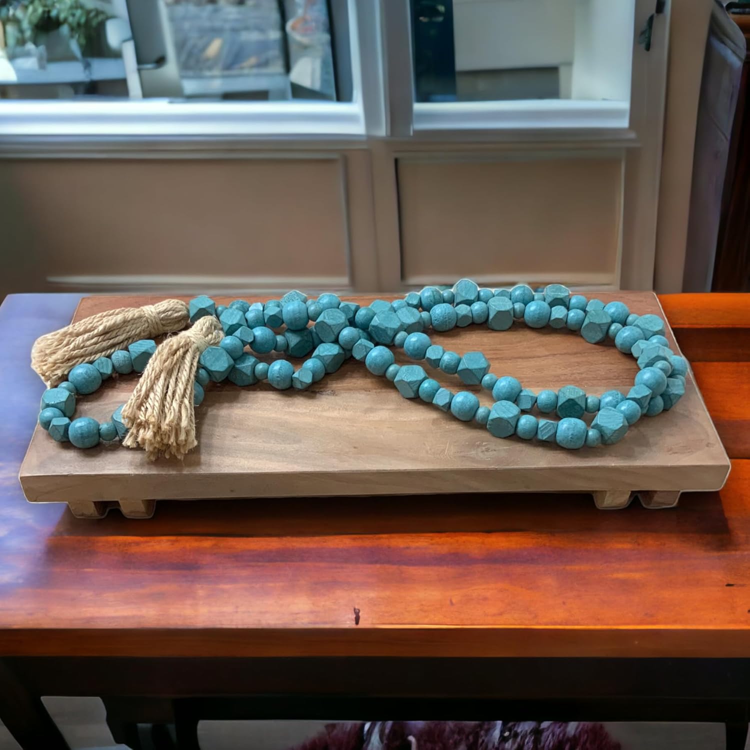 90" Wooden Bead Garland with Jute Tassels - Boho Wedding Garland, Rustic Boho Home Decor, Coffee Table, Mantle Decorations, Farmhouse Decor, Boho Decor (2, Robin's Egg Blue MultiShape)