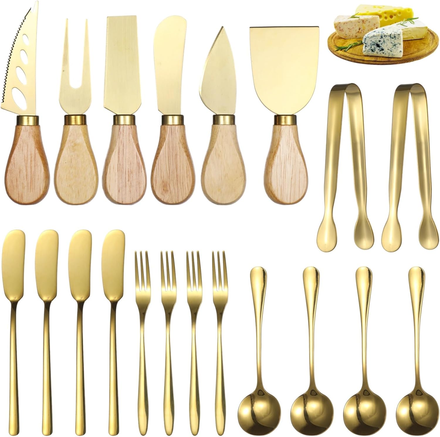 20 Pc Wooden Handle Cheese Serving Utensils, 6 Stainless Knives, Forks, Spoons, Spreaders, Tongs Set for Butter, Appetizers & Charcuterie Platters