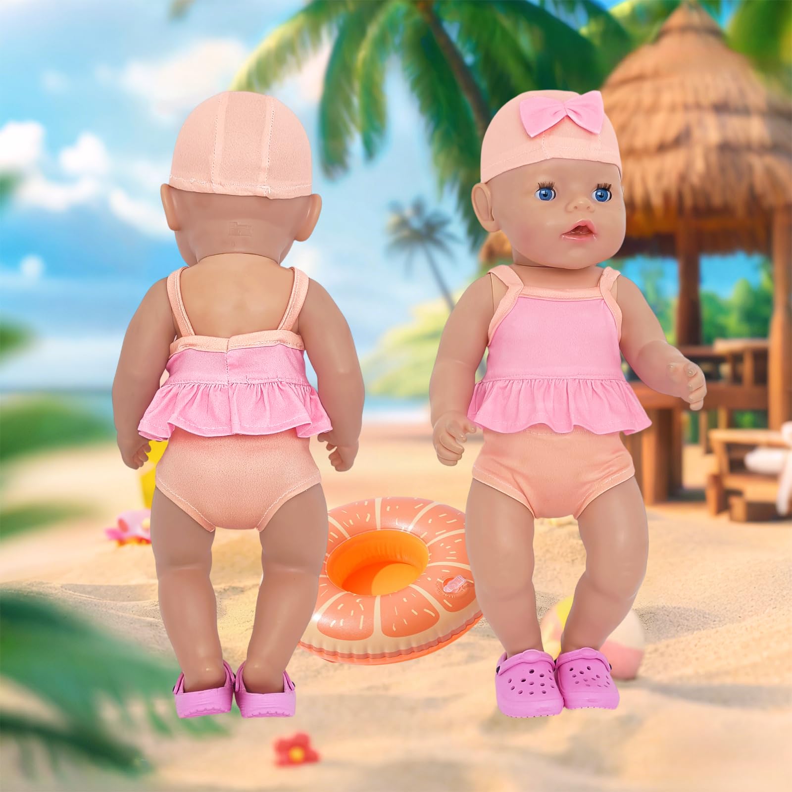 Set da 6 pezzi da nuoto per bambole, abbigliamento estivo per bambole da 14 a 18 pollici, con cuffia da bagno, costume da bagno, anello da nuoto, occhiali da sole, infradito per bambole da 30 – 43 cm