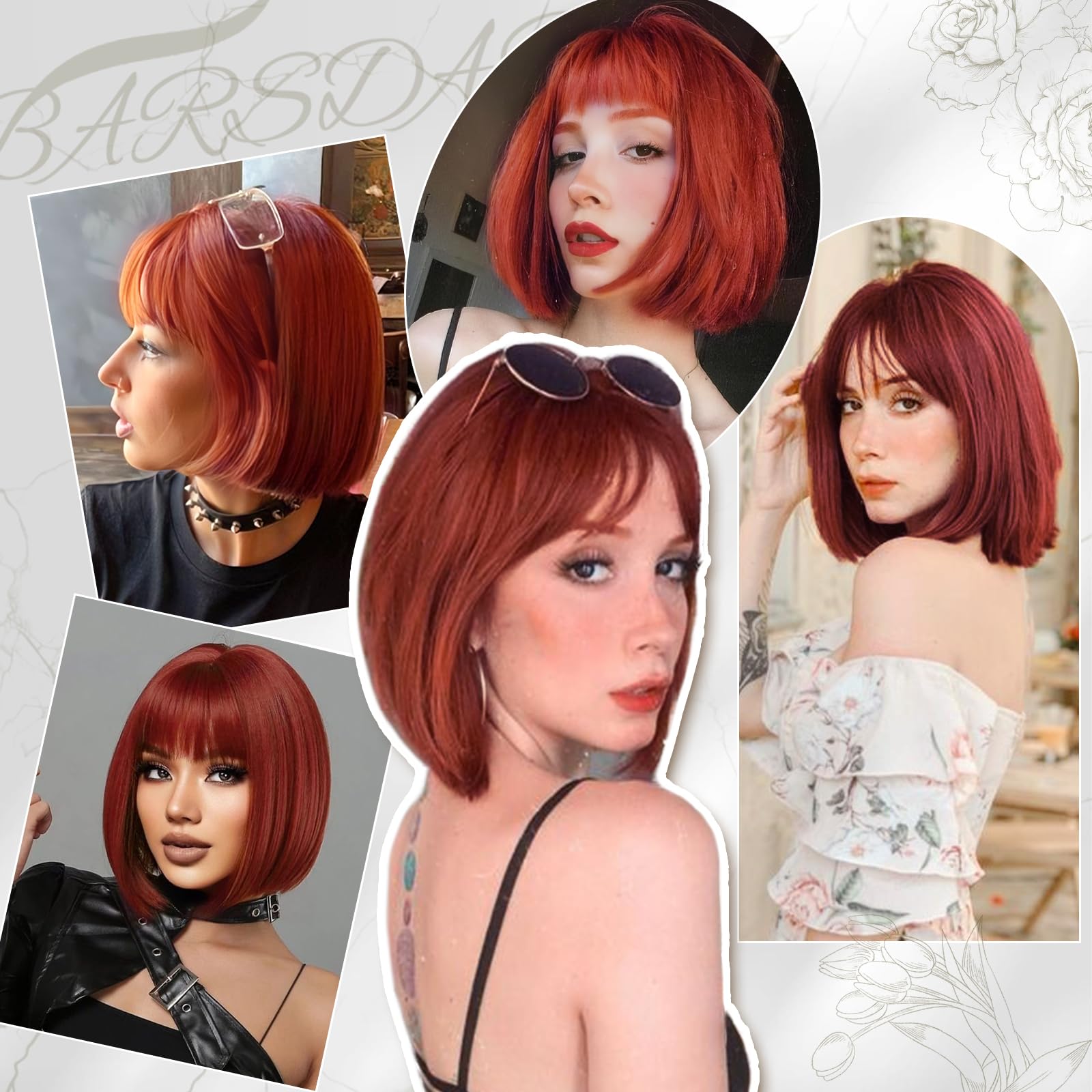 BARSDAR Courte Cuivré Bob Perruque avec Franges, Courte Bob Auburn Perruque avec Franges pour Femmes 30cm Chic Longueur Synthétiques Perruques D'aspect Naturel Fêtes Halloween Bobs Perruques