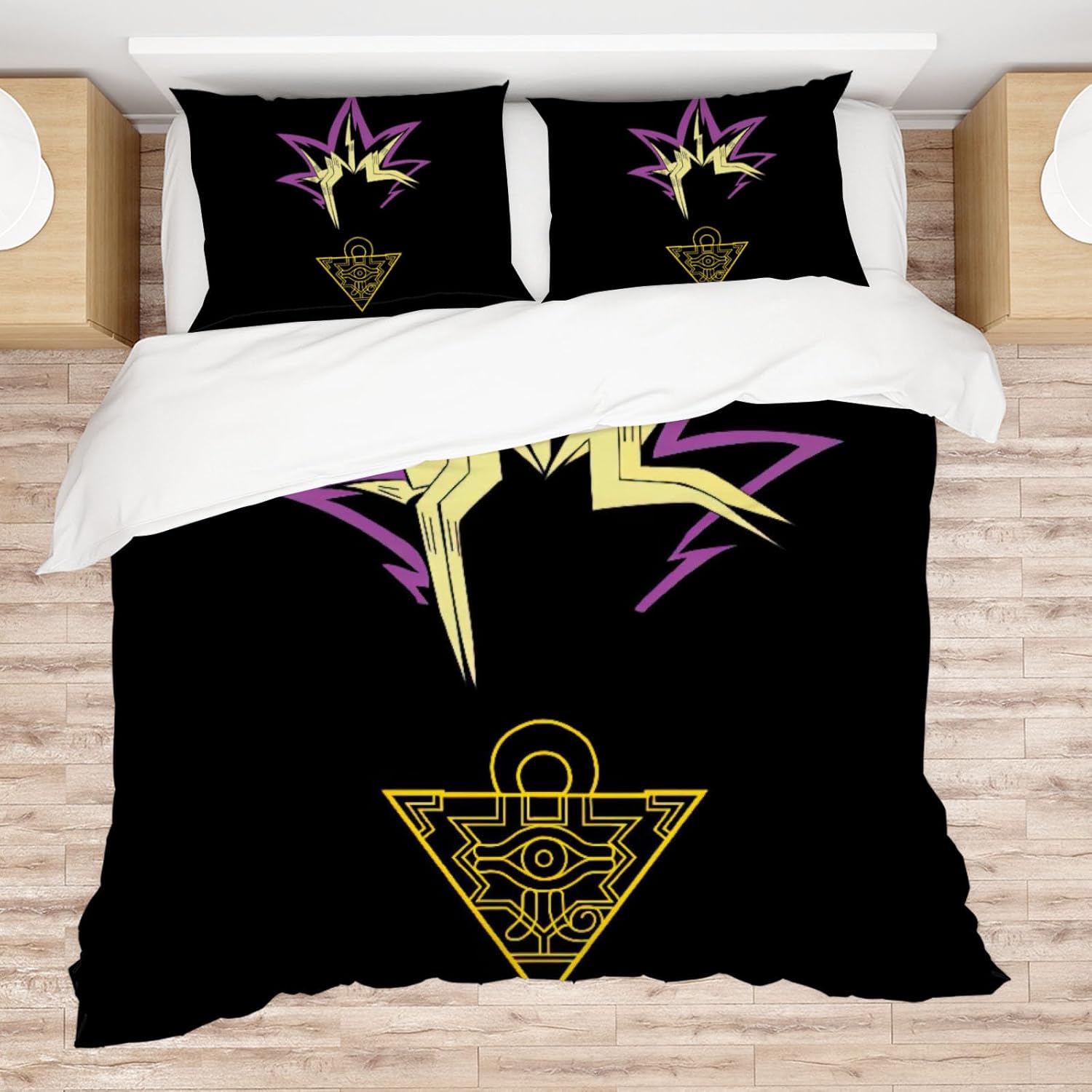 Allenjoy Queen Size Spiky Colorful Hair Comforter Set Golden Ancient Symbol Bed Bedding Sets Bedroom Decor with 2 Pillowcases