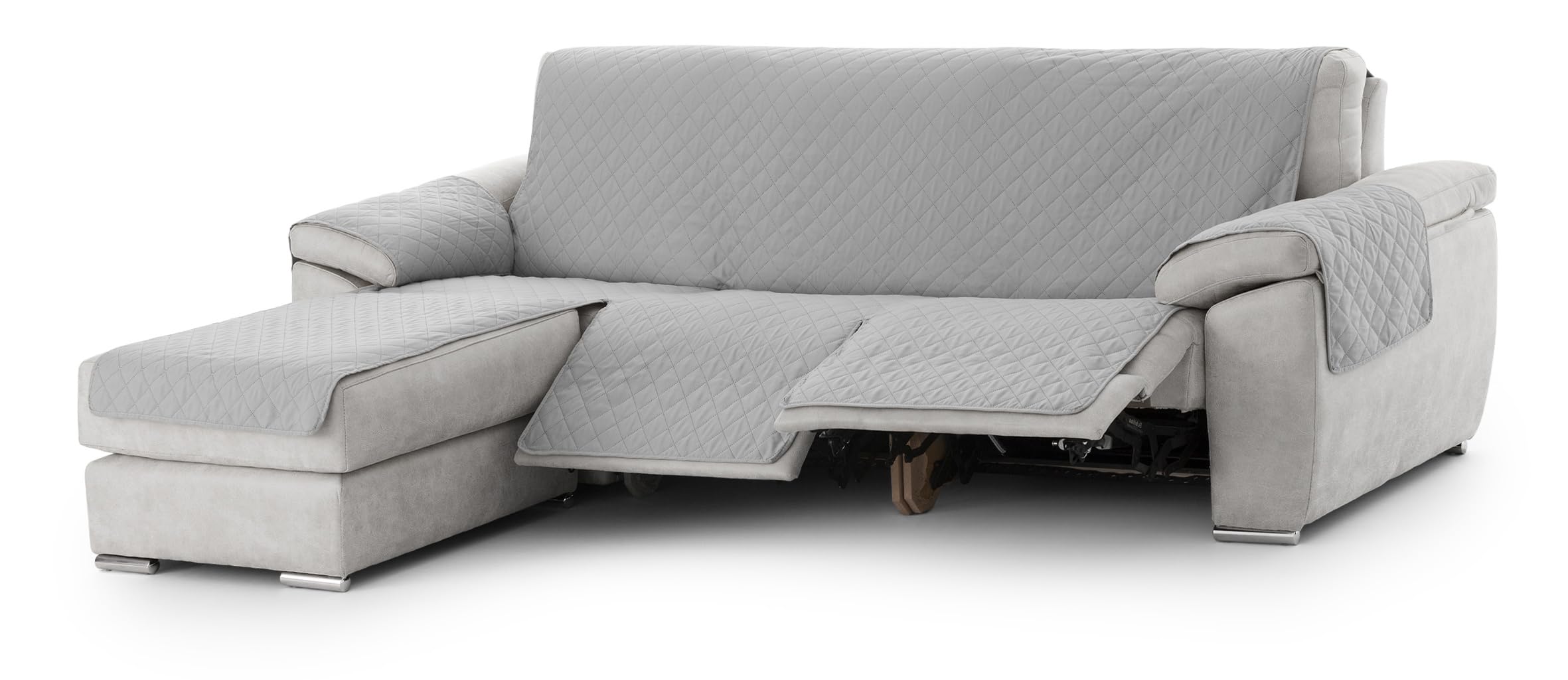 Milica Reversible Quilted Chaise Longue Cover 240 cm Grey | Sofa Cover with Reclining Seats | Plain Fabric Machine Washable | Daily Protection | Right or Left Arm