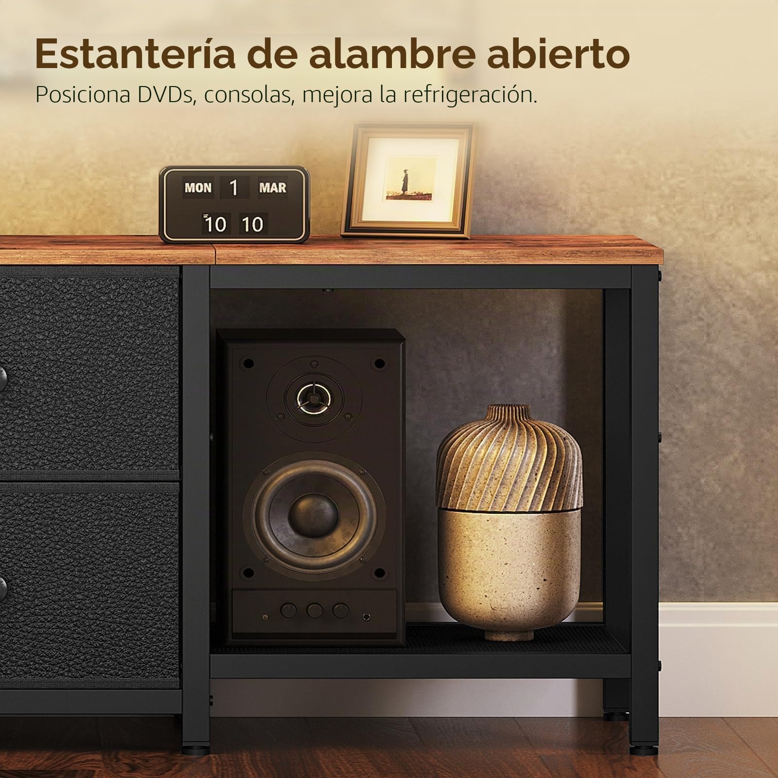 YATINEY Mueble para TV, Soporte para Televisor de hasta 55", Mueble Multimedia con Estantes y 2 Cajones, Marco de Metal, para Salón, Dormitorio, 120 x 30 x 50 cm, Marrón Rústico y Negro XDS02BR