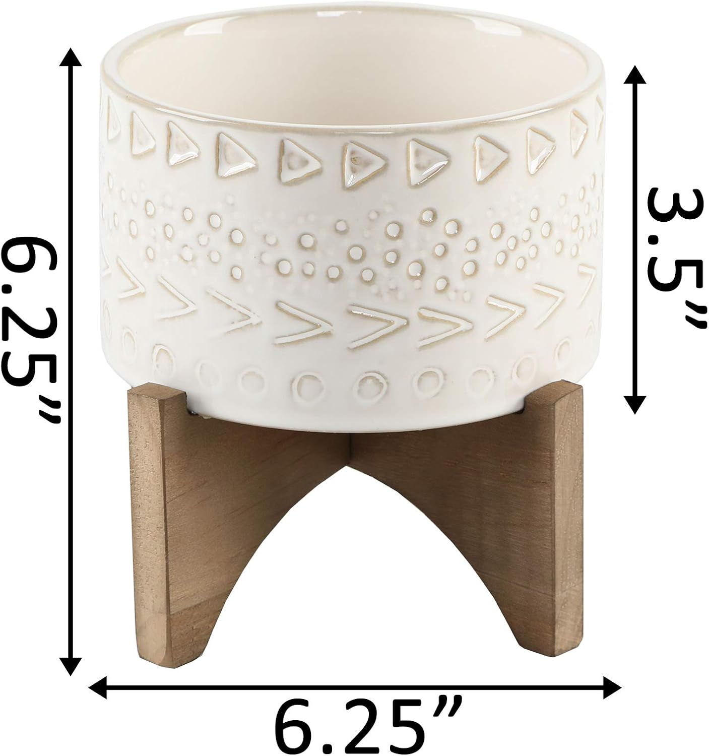 Flora Bunda Mid-Century 5 Inch Caveman Texture Ceramic Planter on Wood Stand, Ivory Caveman 5"