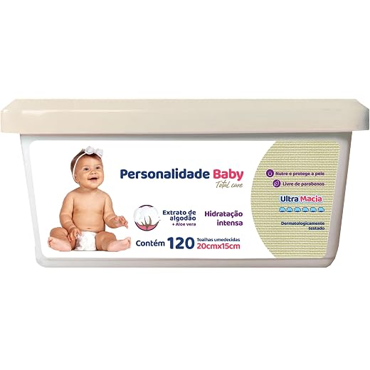 Toalha Umedecida Personalidade Baby Total Care Enriquecida com Extrato de Algodão e Aloe Vera Ultra Macia Estojo com 120 unidades 20cm X 15cm