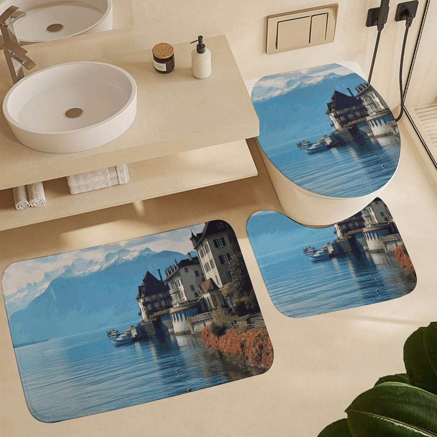 Lake Geneva Switzerland Shower Curtains Set 4 Piece with Non-Slip Rugs, Toilet Lid Cover and Bath Mat Soft Bathroom Carpet Waterproof Bathroom Curtain with 12 Hooks for Bathroom Decor