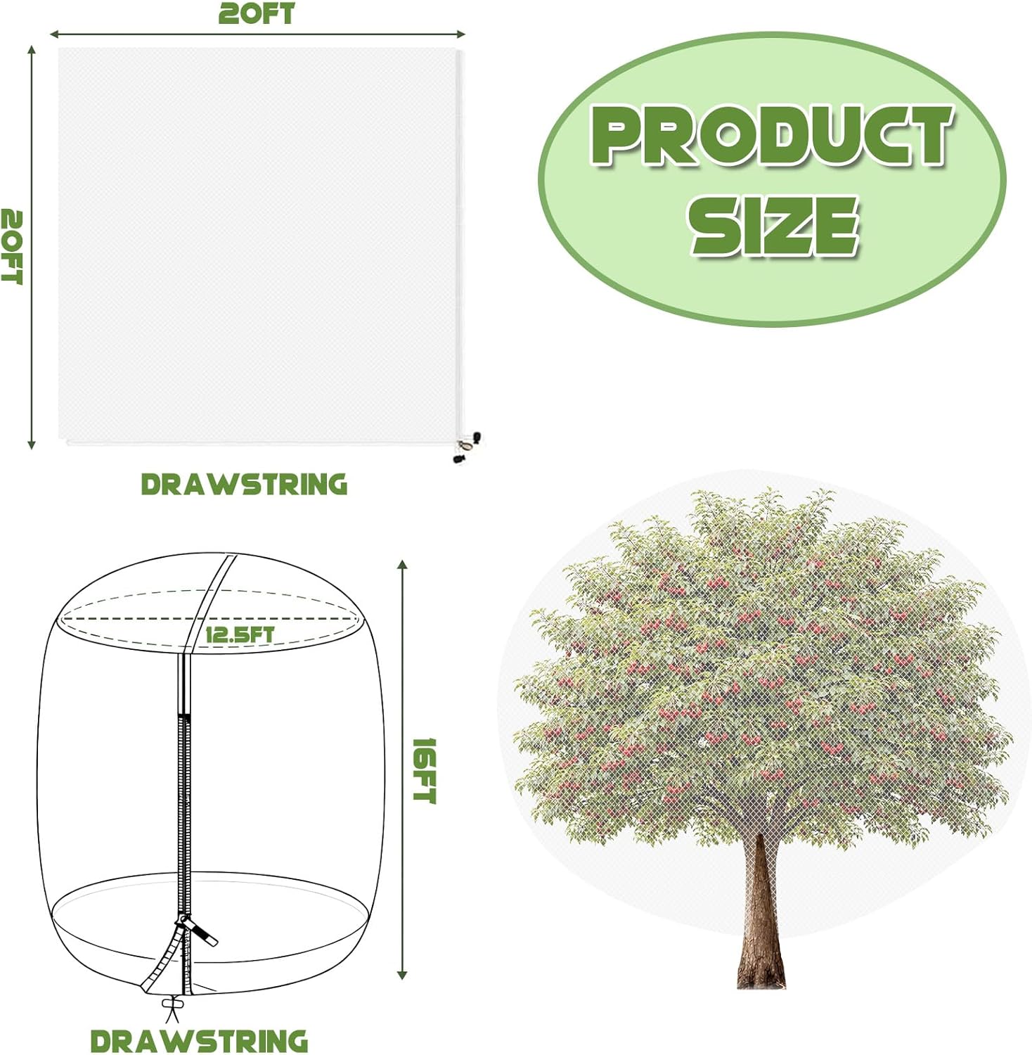 1Pcs 20ft x 20ft Extra Large Fruit Tree Netting Cover with Zipper and Drawstring Garden Plant Protector Bird Barrier for Blueberry Bushes Ultra Fine Mesh Garden Netting for Birds Squirrels Cicadas