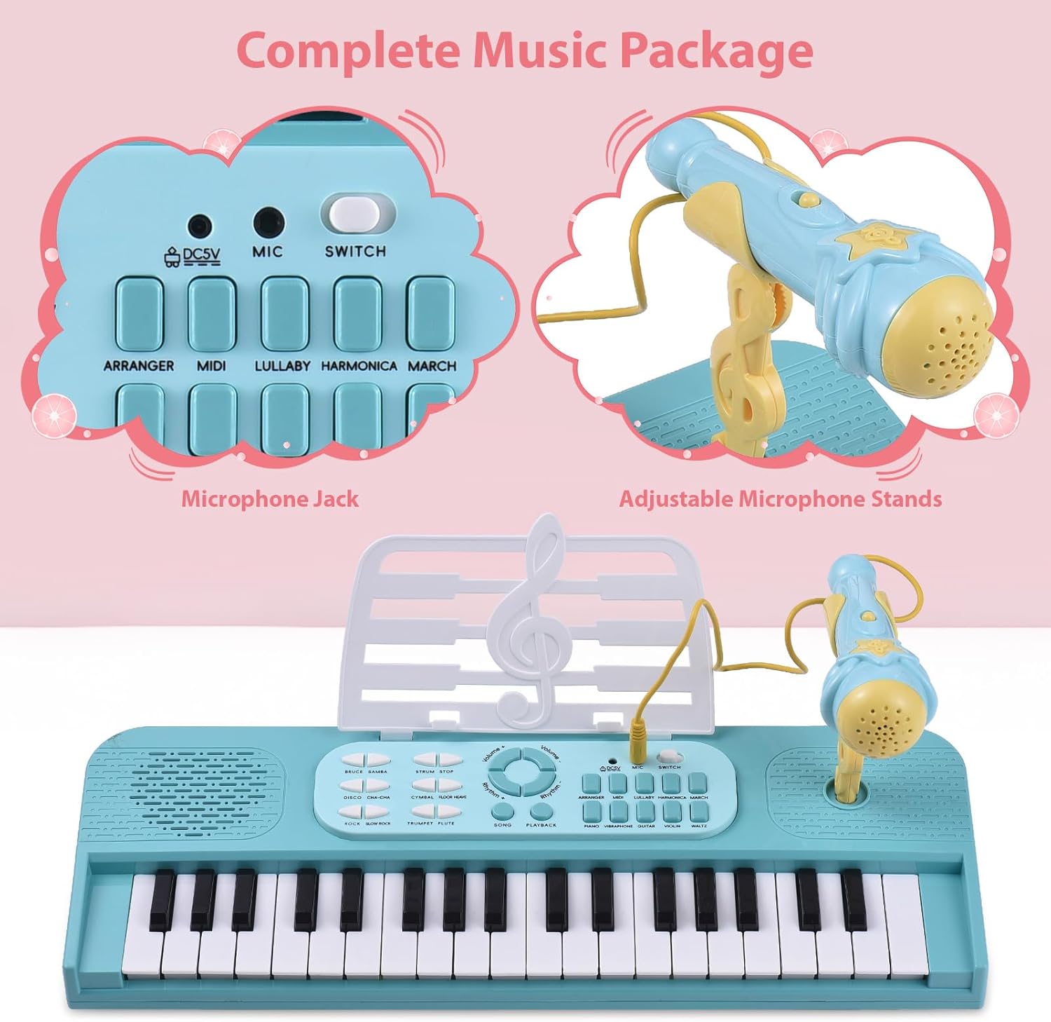 37 Key Electronic Keyboard Piano 7 Tones 8 Drum Group 24 Demos Single Speaker Musical Instrument with Music Score Stand/Microphone Dual Power Mode Portable Music Piano Keyboard for Beginners