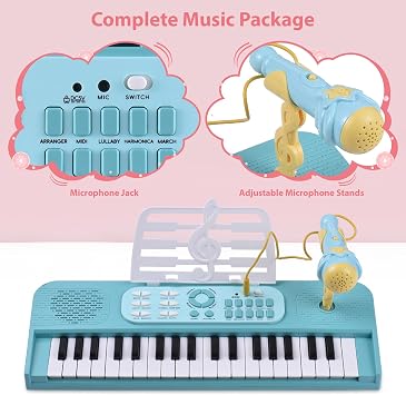 37 Key Electronic Keyboard Piano 7 Tones 8 Drum Group 24 Demos Single Speaker Musical Instrument with Music Score Stand/Microphone Dual Power Mode Portable Music Piano Keyboard (Green)