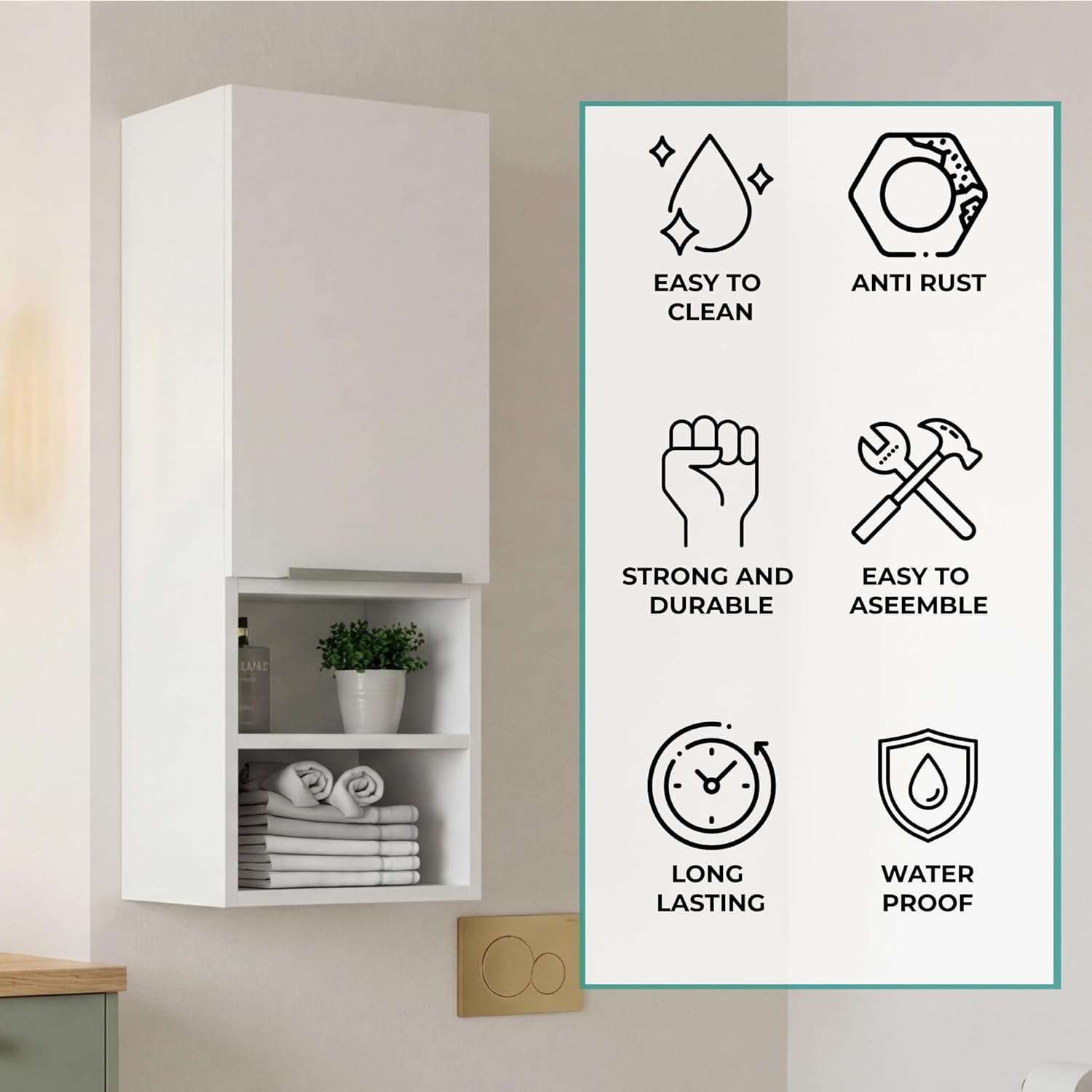 Mila Bathroom Cabinet with Single-Door Compartment, Two Interior Shelves, Dual External Open Shelves and Space-Saving Wall Design for Organized Storage, Daily Essentials Access and Modern Bathroom