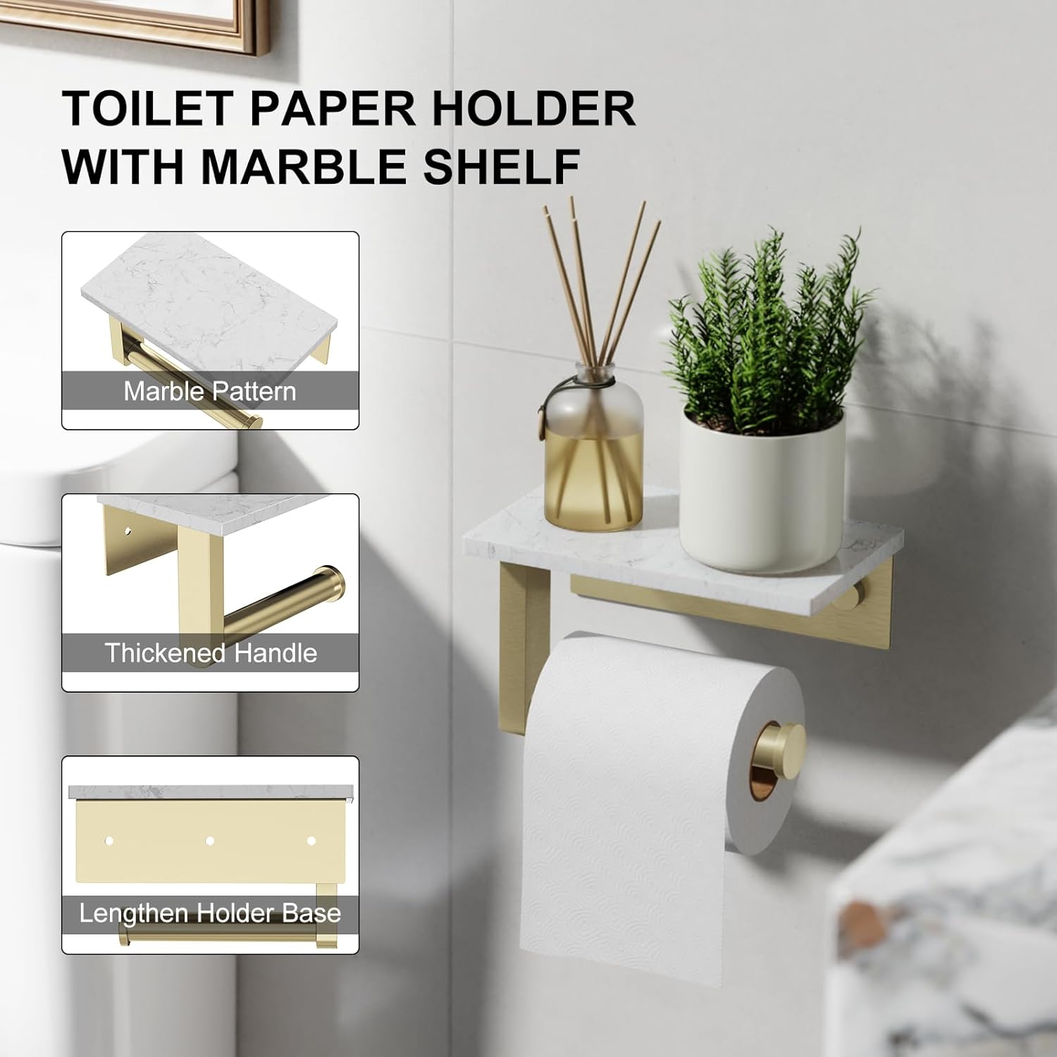 Brushed Gold Toilet Paper Holder with Marble Shelf, 304 Stainless Steel Tissue Hand Holder Wall Mounted Toilet Paper Roll Hold with Phone Shelf for Bathroom Kitchen Washroom Bedroom