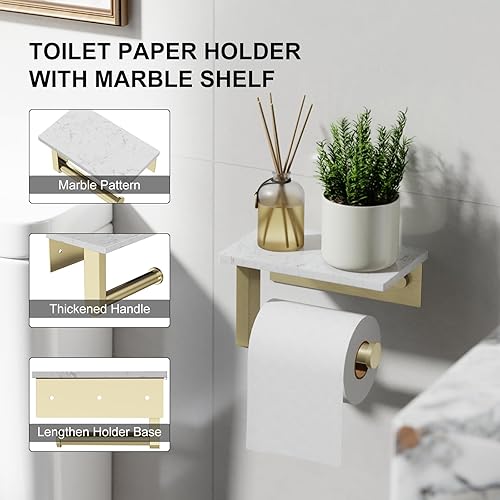 Miniatura 5 de Soporte de papel higiénico con estante de mármol, soporte de mano de papel higiénico de acero inoxidable 304, soporte para rollo de papel higiénico