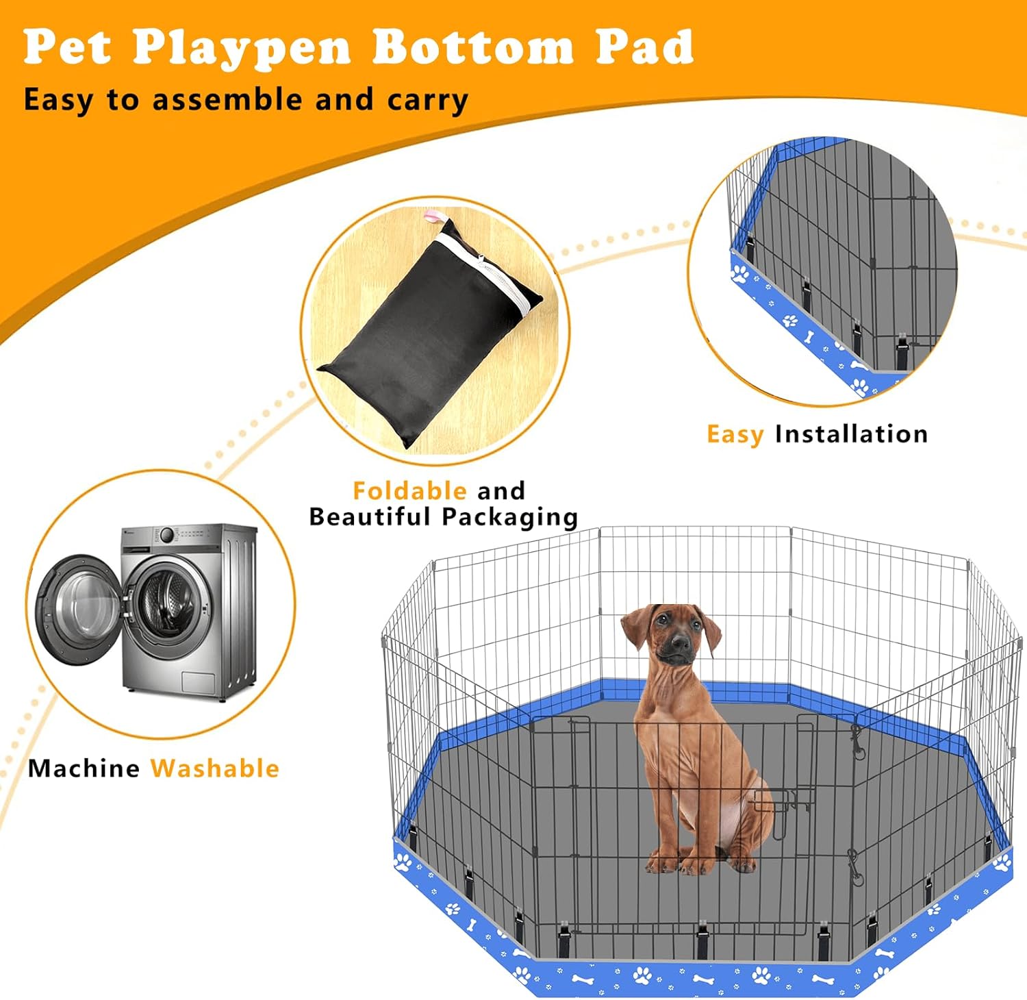 Dog Playpen Bottom Pad Fits for 24 Inch 8 Panels Regular Octagon Metal Exercise Pet Playpen, Dog Crate Pad Puppy Playpen Pad. (Note: Playpen Not Included) -Blue