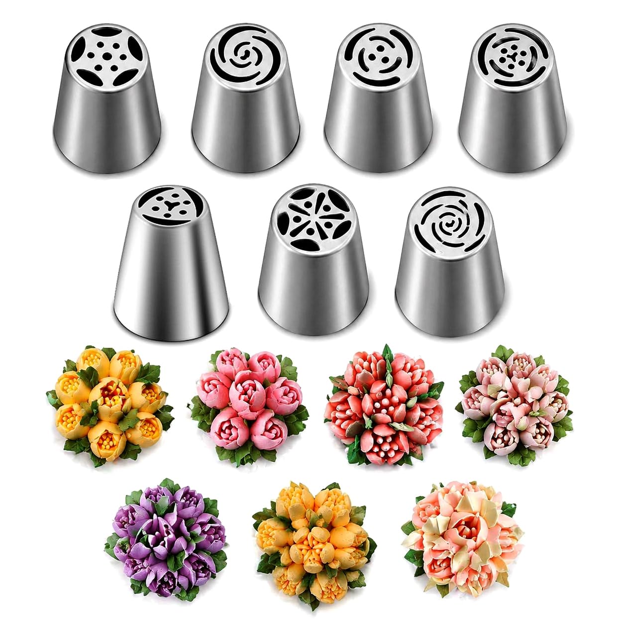 Timkumon 7 Pcs Large Russian Piping Tips Set, Seamless Stainless Steel Flower Frosting Nozzles, One-Press Cake Decorating Tips for Buttercream, Cupcakes, Cookies – Complete Flower Shape Kit