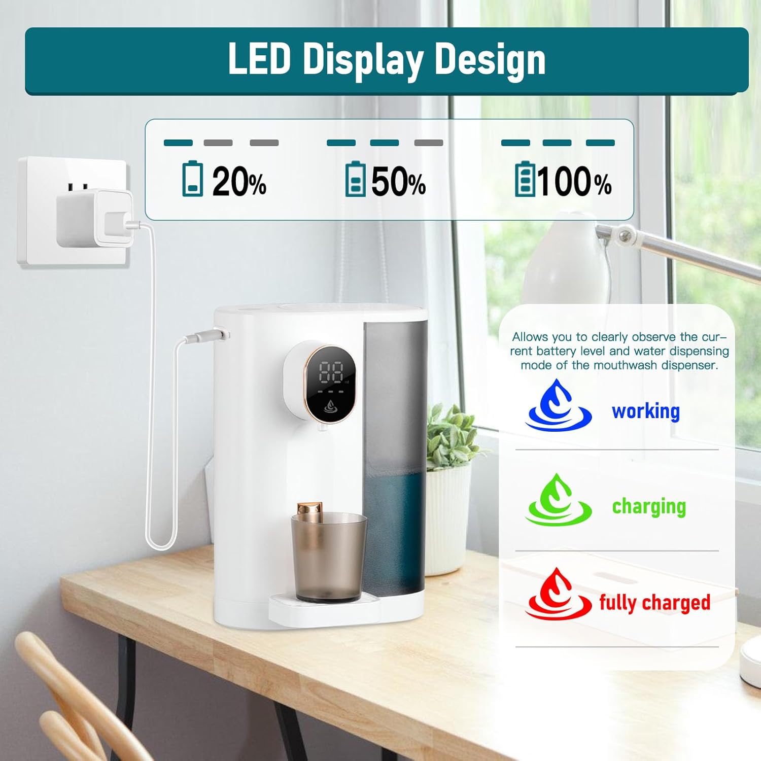 Dispenser, 20.3Oz Mouthwash Dispenser for Bathroom, 4 Dispensing Levels, with 2 Mouthwash Cups, LED Screen, Great for Kids and Adults (White) - Image 4