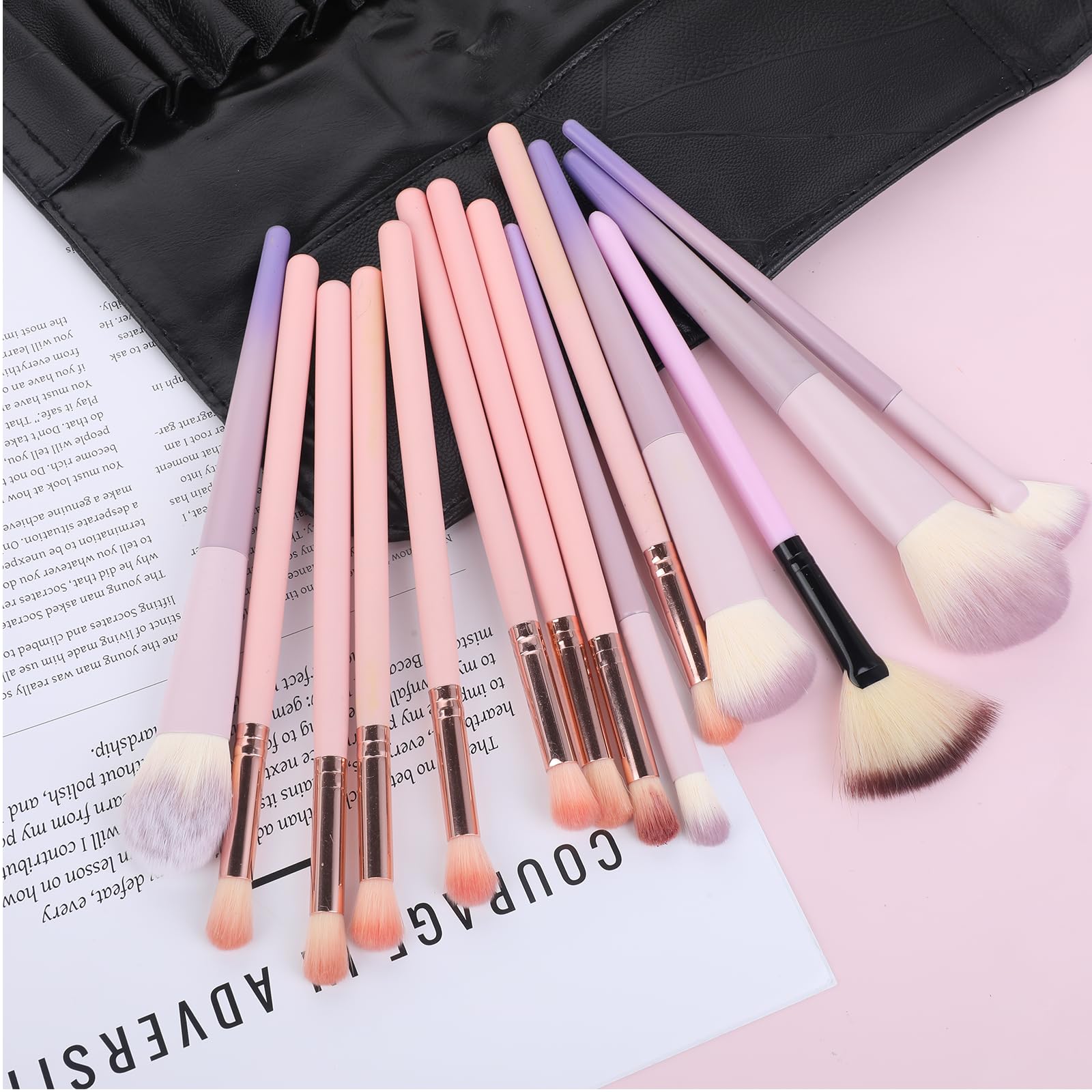 JJUNW Schwarz Reise Make-up Pinsel Tasche, Make-up Pinsel Roll Up Organizer Tasche, PU Leder Make-up Pinsel Fall Kosmetiktaschen Halter für Frauen kann 12 Tasche Kosmetik Pinsel halten