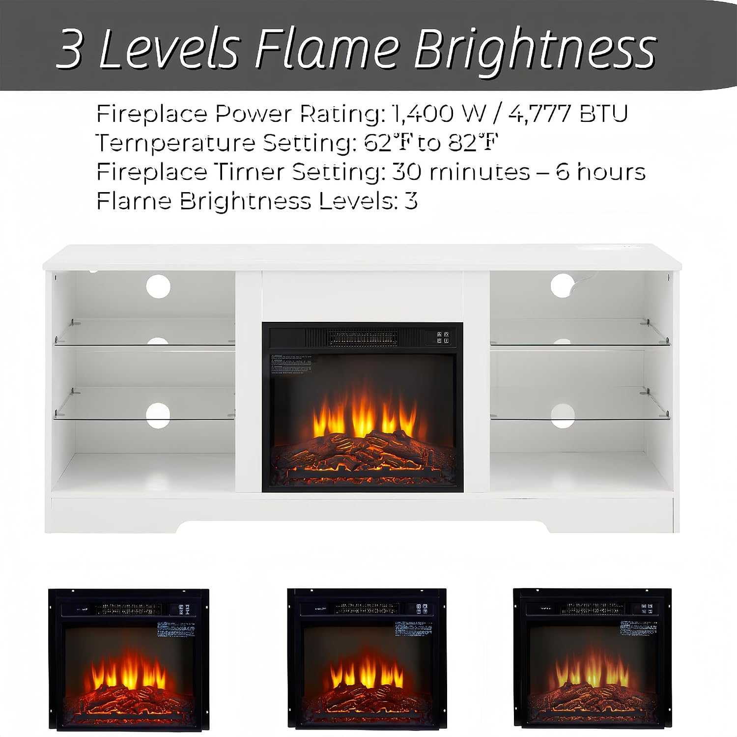 White Fireplace TV Stand with Storage, Entertainment Center with LED Light and Charge Station for Living Room, Console Table Fits for Up to 62'' TV